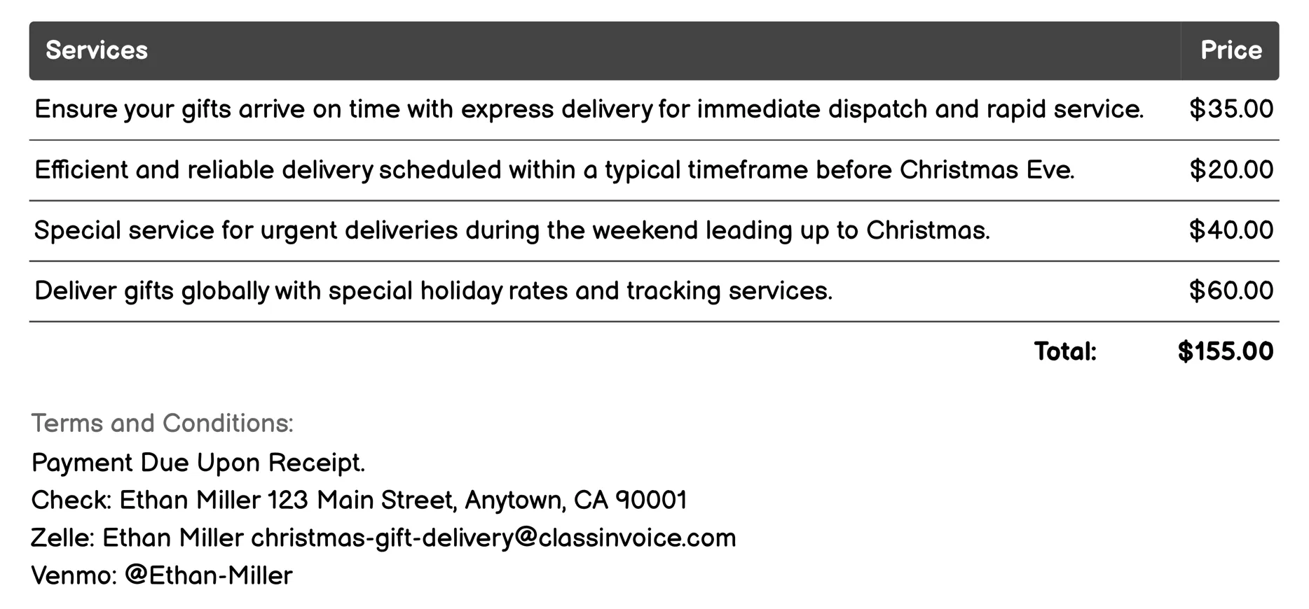 Scheduled Delivery Time Slot Invoice Example