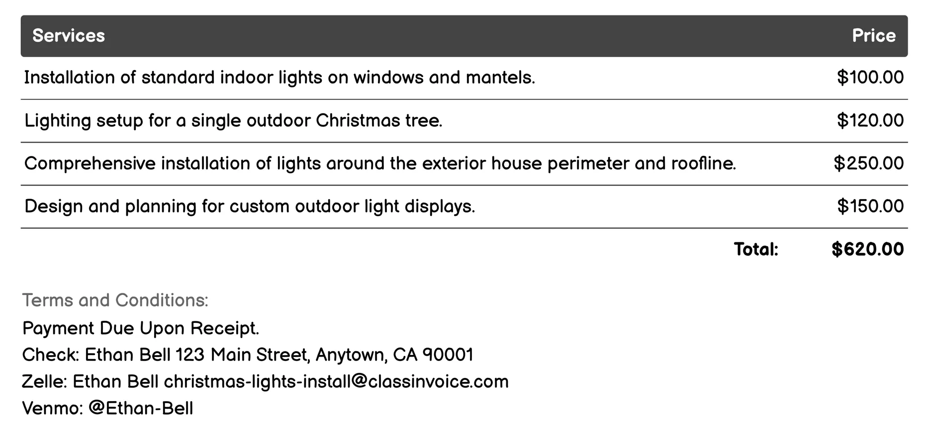 Residential Christmas Light Installation Invoice Example
