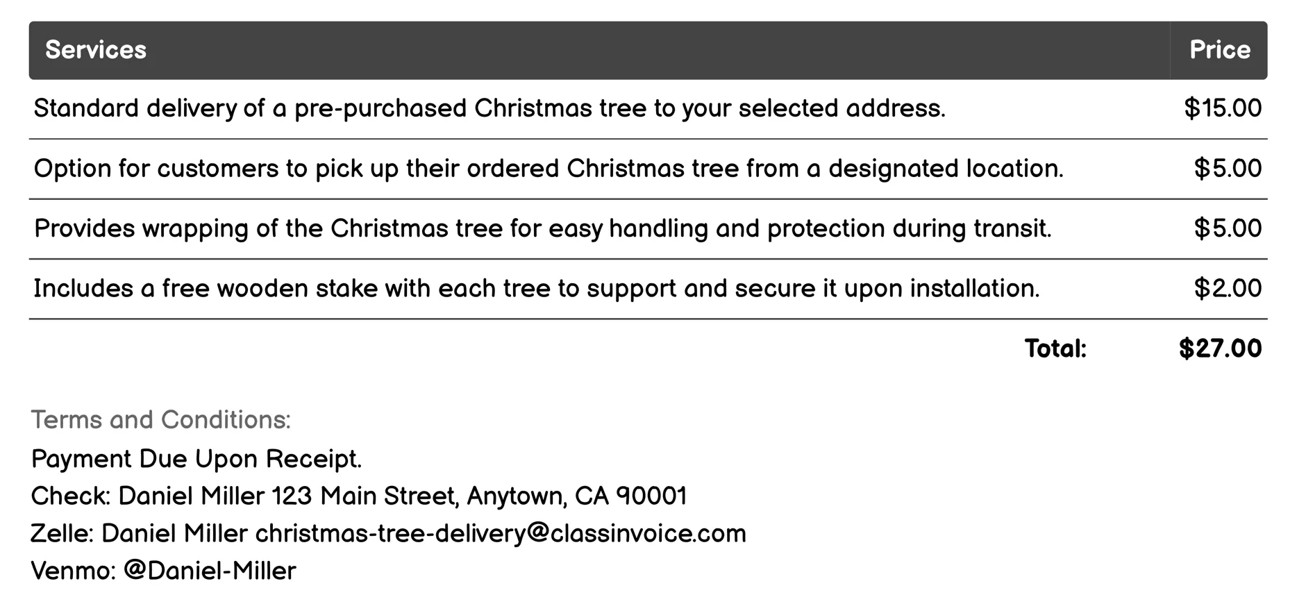 Standard Christmas Tree Delivery Invoice Example