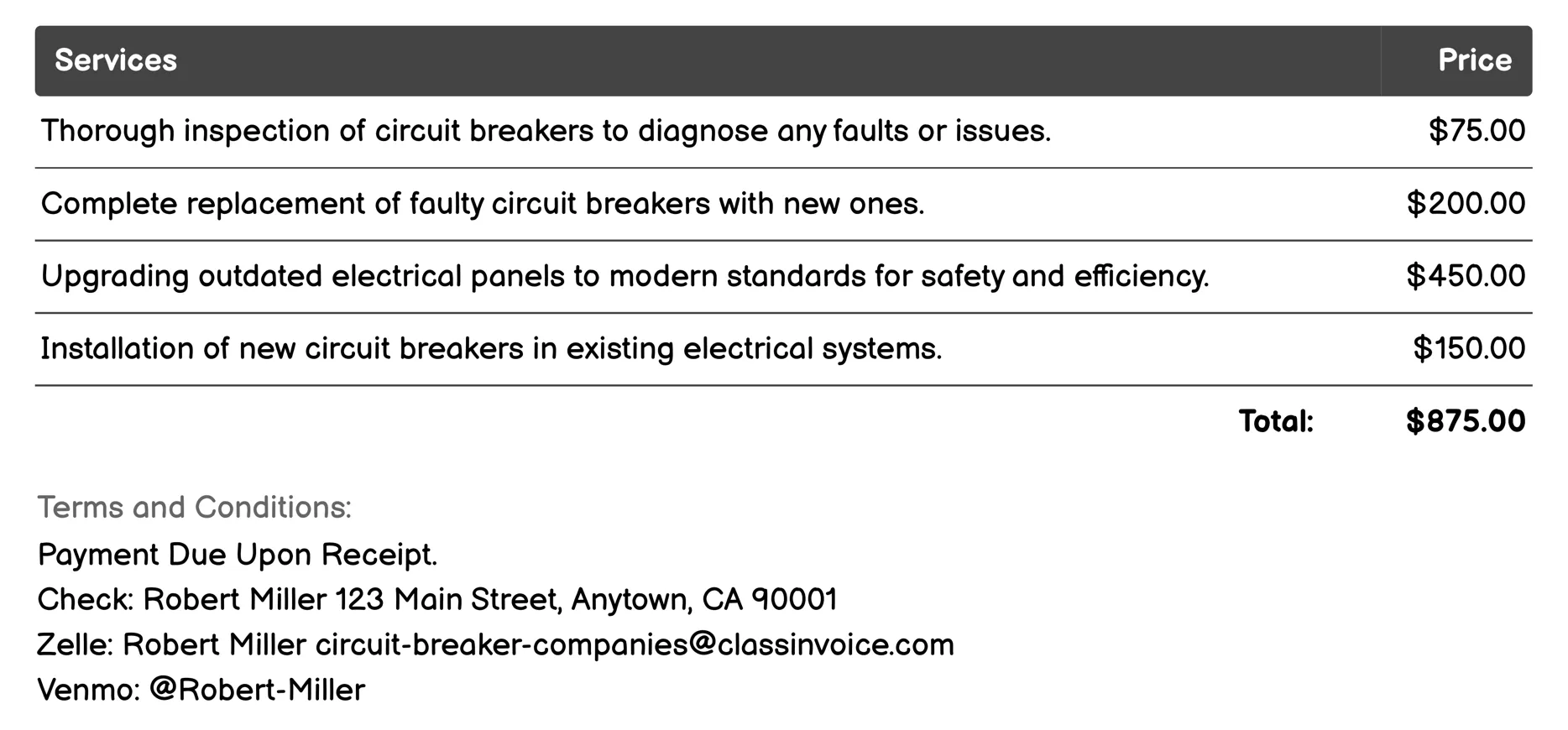 Repair Services Invoice Example