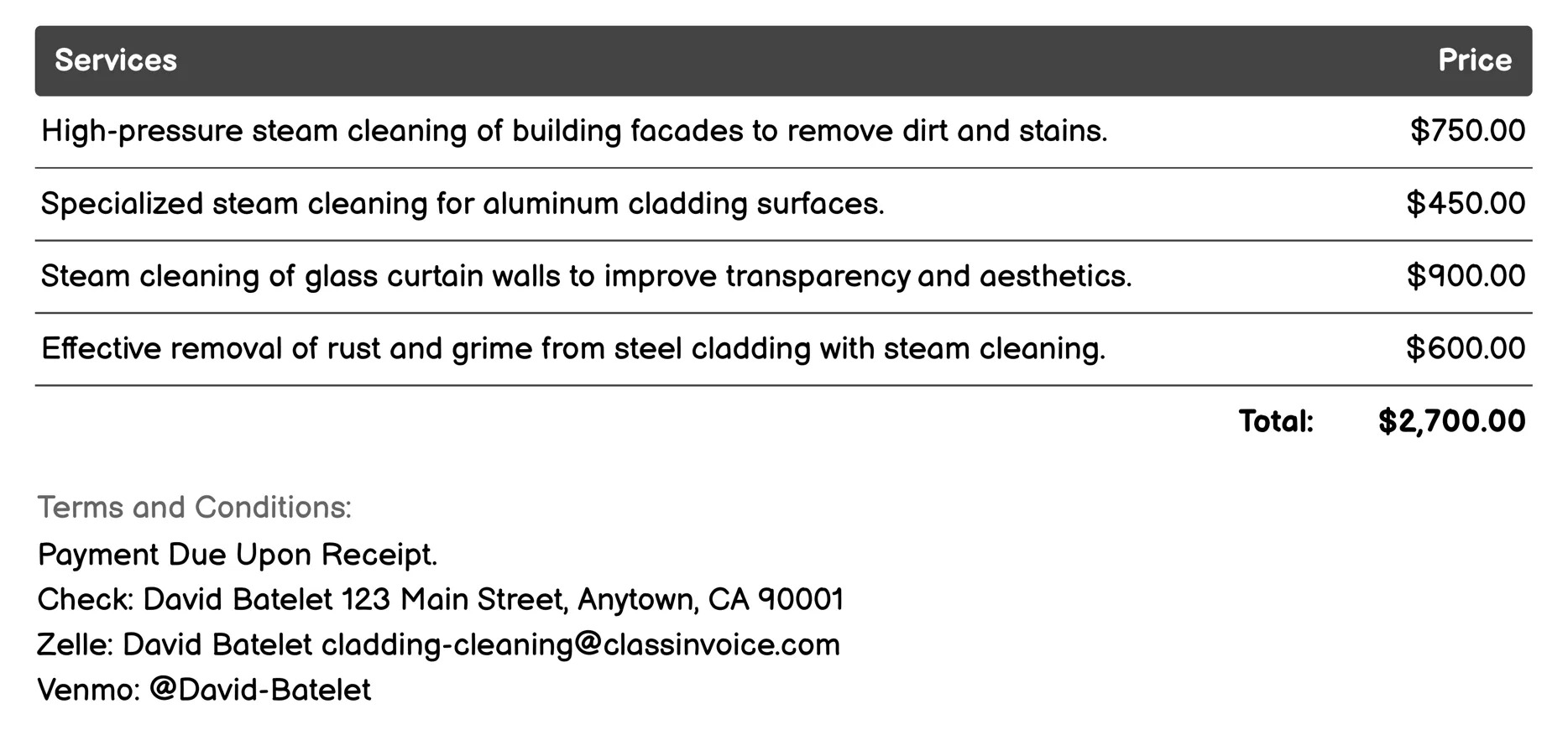 Steam Cleaning Invoice Example