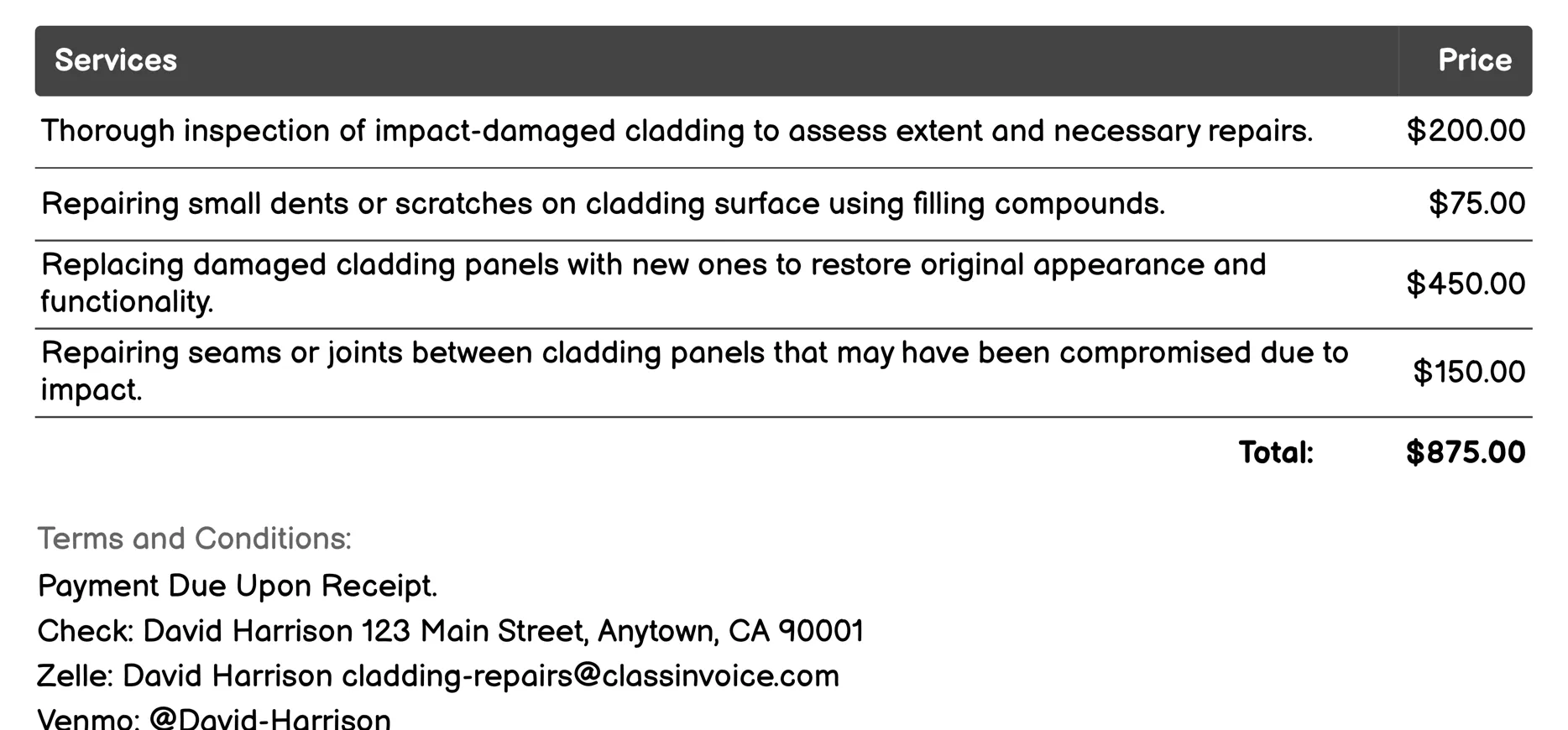 Impact Damage Repair Invoice Example