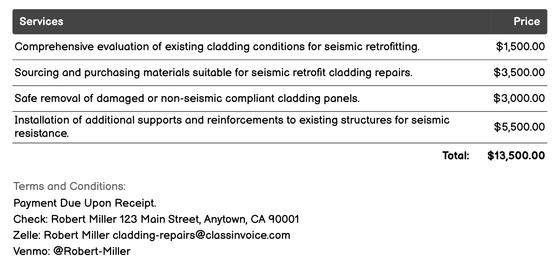 Seismic Retrofit Cladding Repair Invoice Example