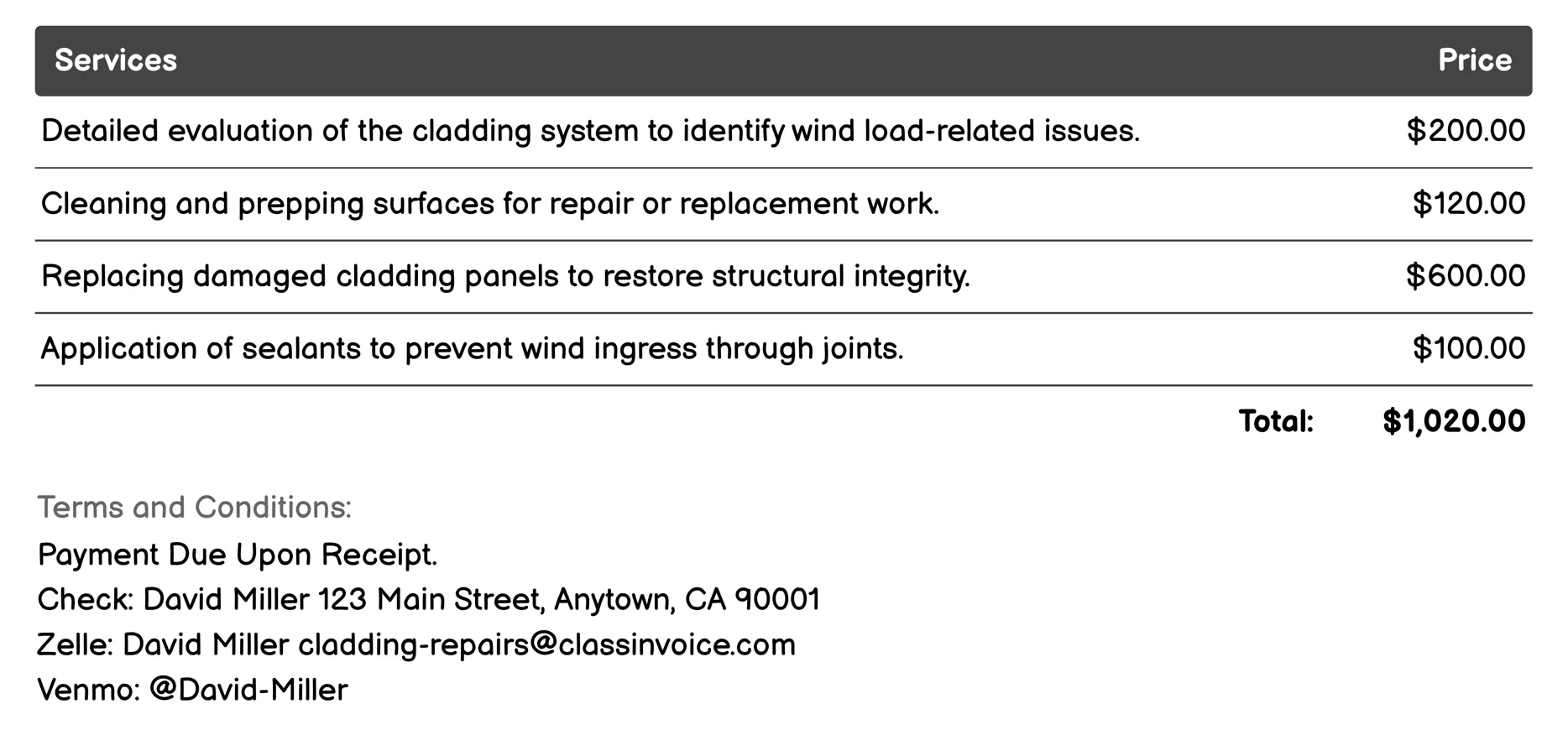 Wind Load Repair Invoice Example