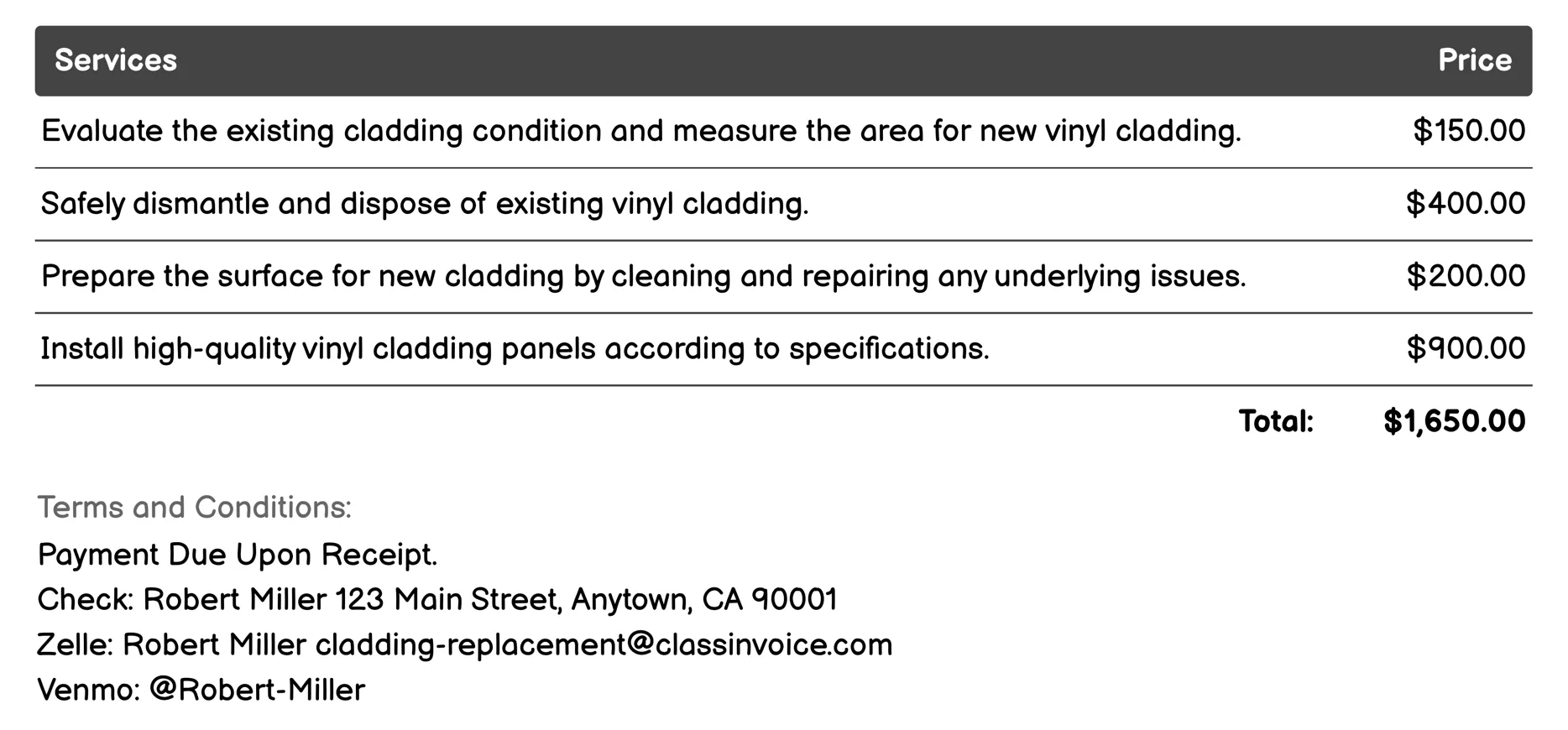 Vinyl Cladding Invoice Example