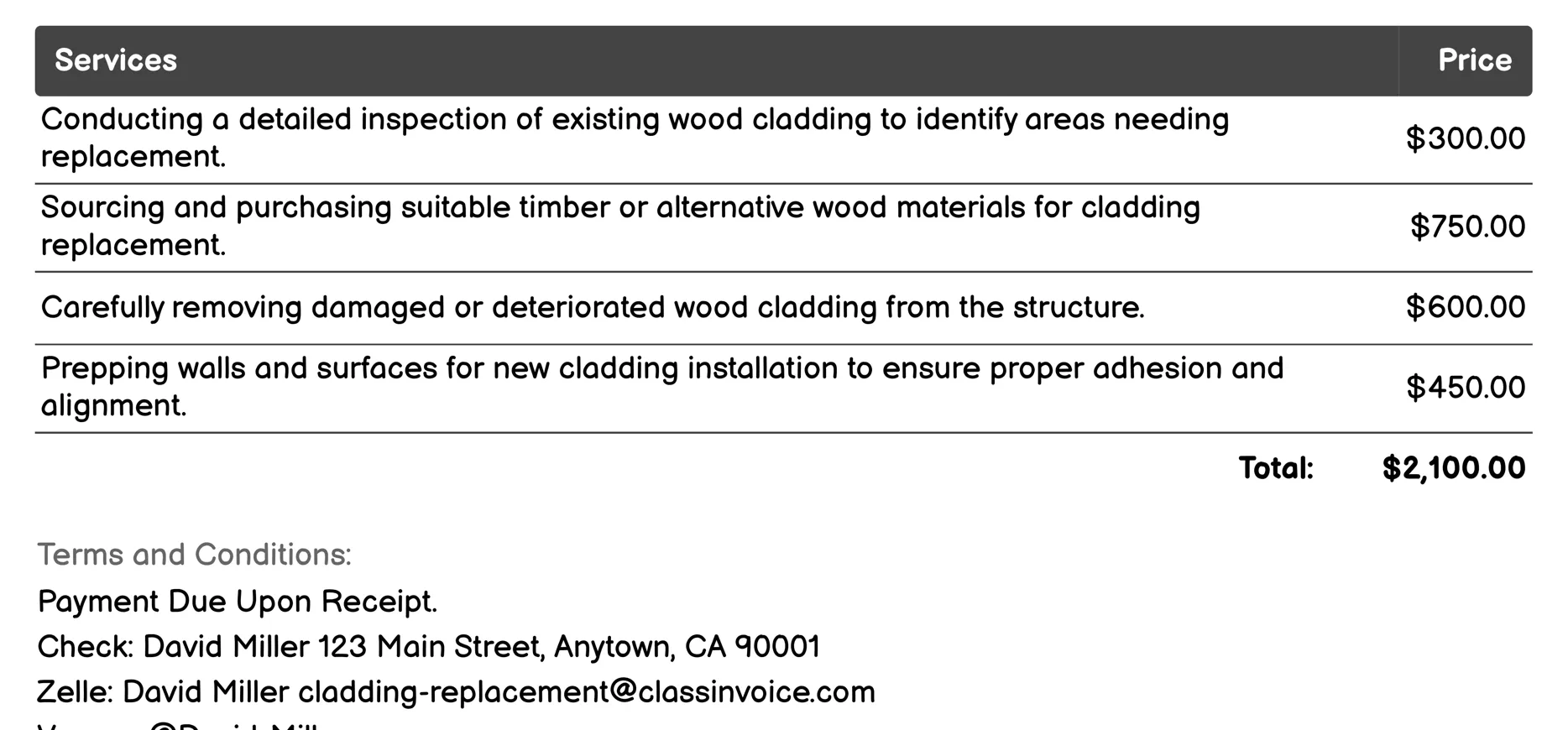 Wood Cladding Replacement Invoice Example