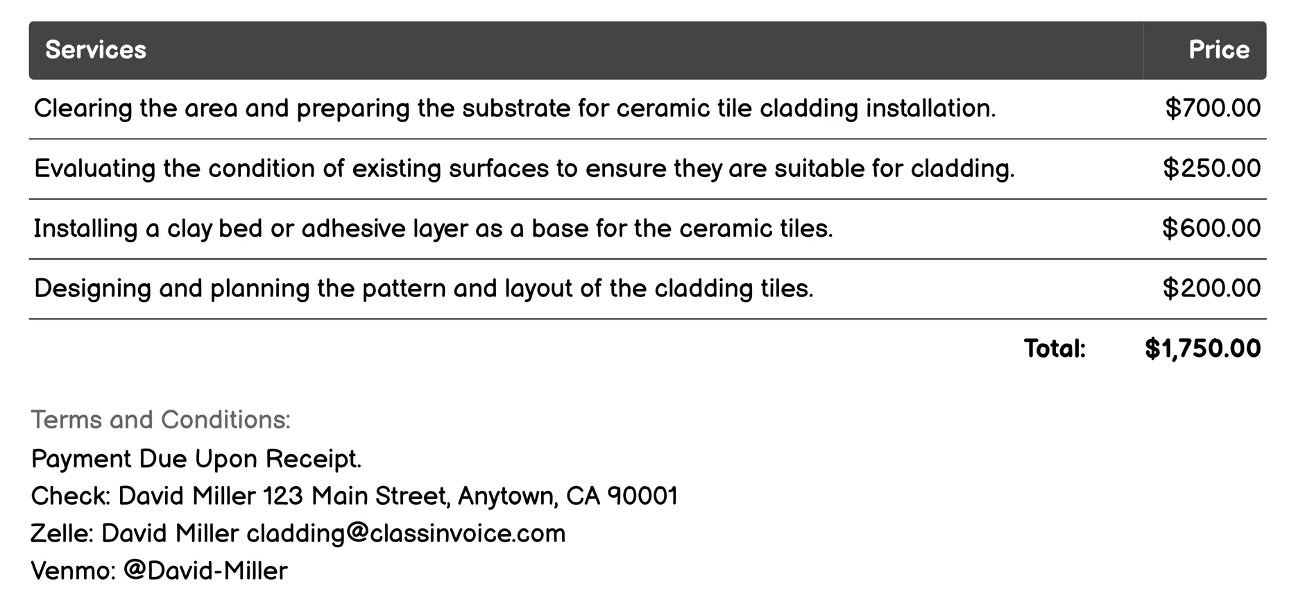 Ceramic Tile Cladding Invoice Example