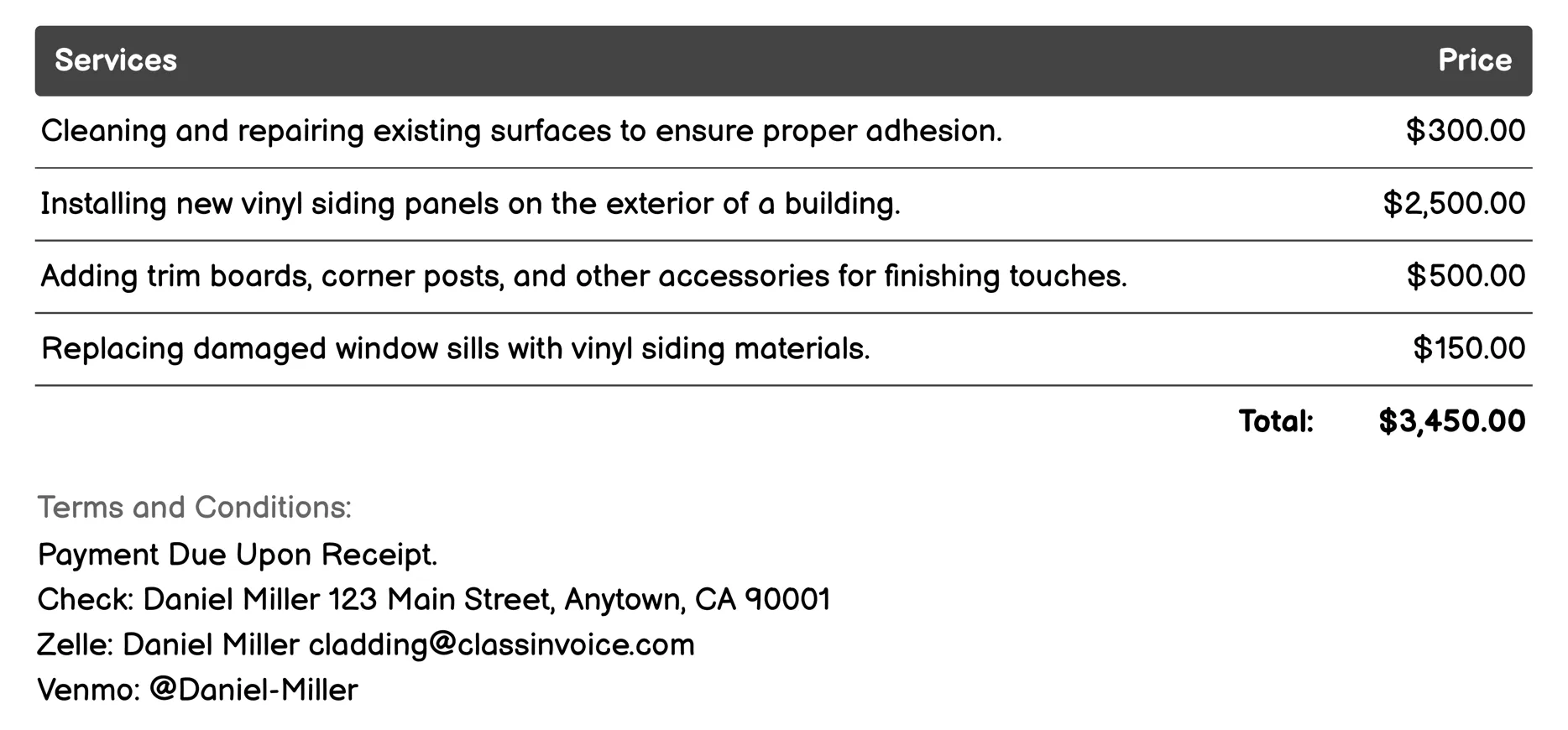 Vinyl Siding Cladding Invoice Example