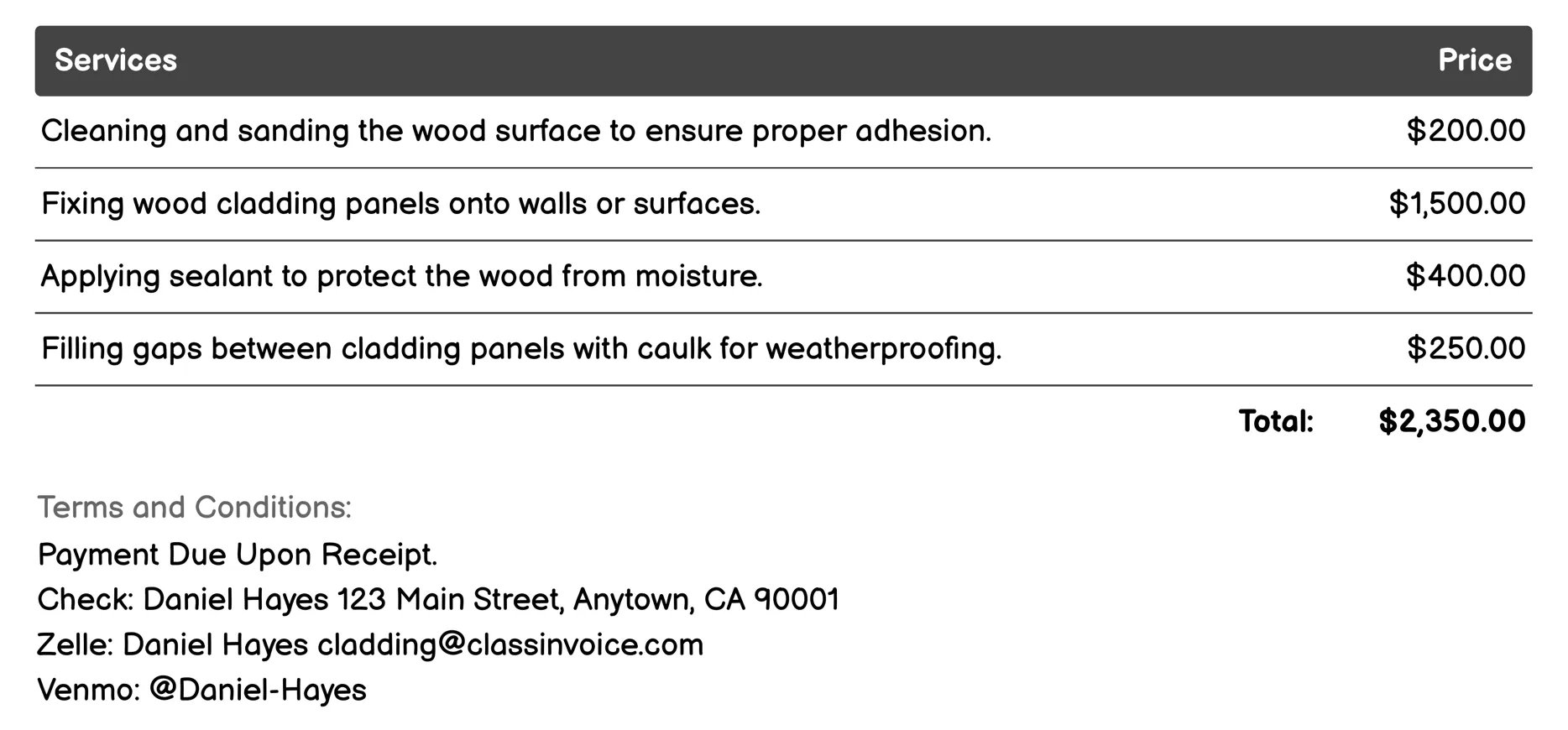 Wood Cladding Invoice Example