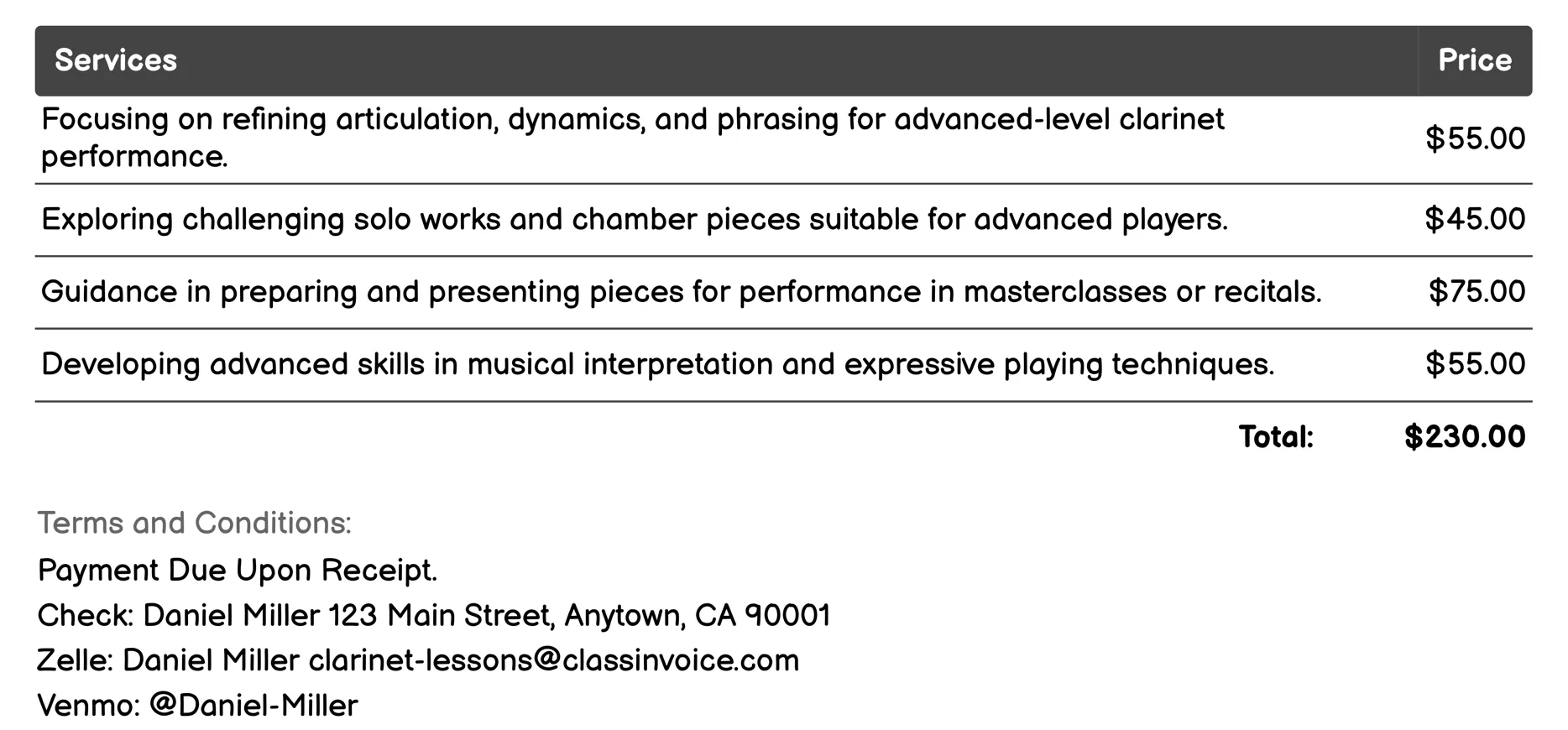 Advanced Clarinet Lessons Invoice Example