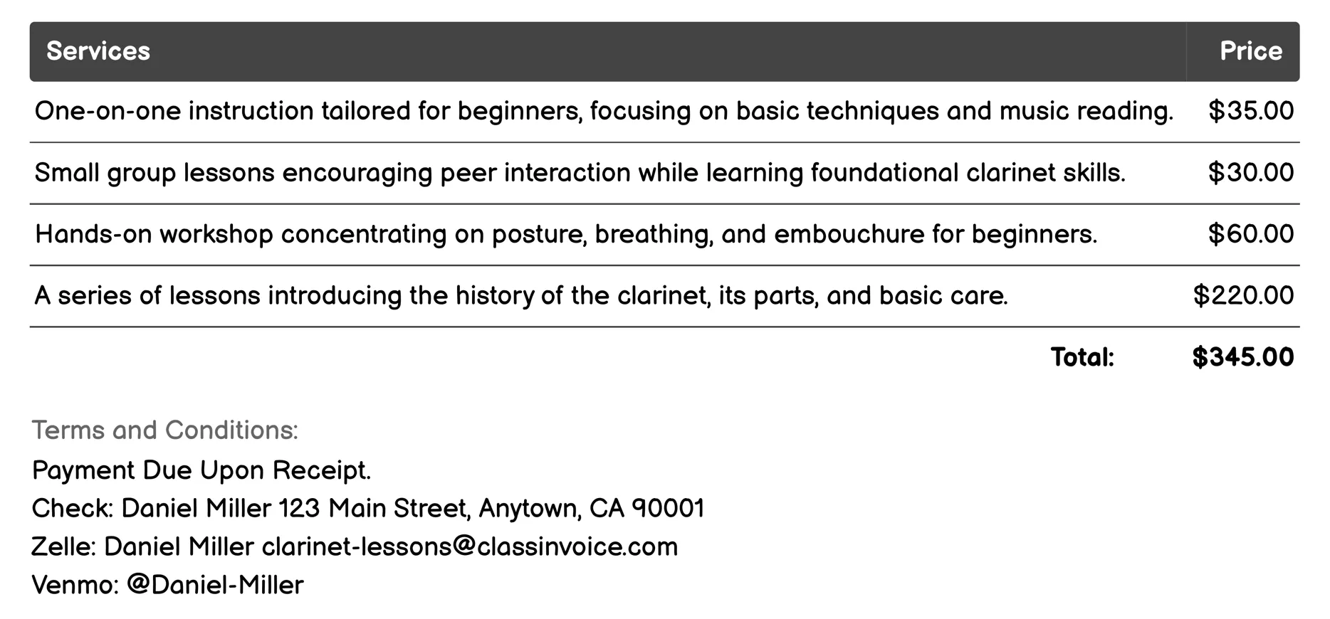 Beginner Clarinet Instruction Invoice Example