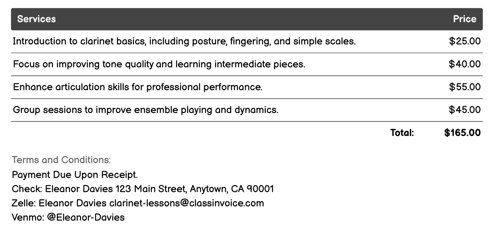 Clarinet Masterclasses Invoice Example