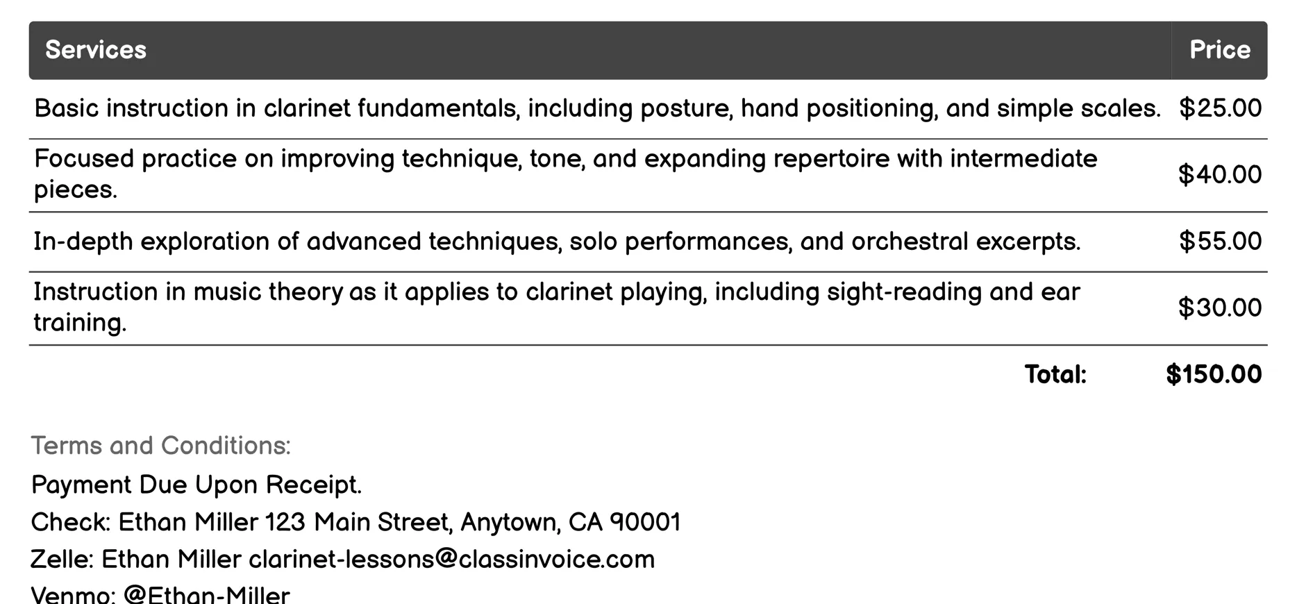 Private Clarinet Lessons Invoice Example