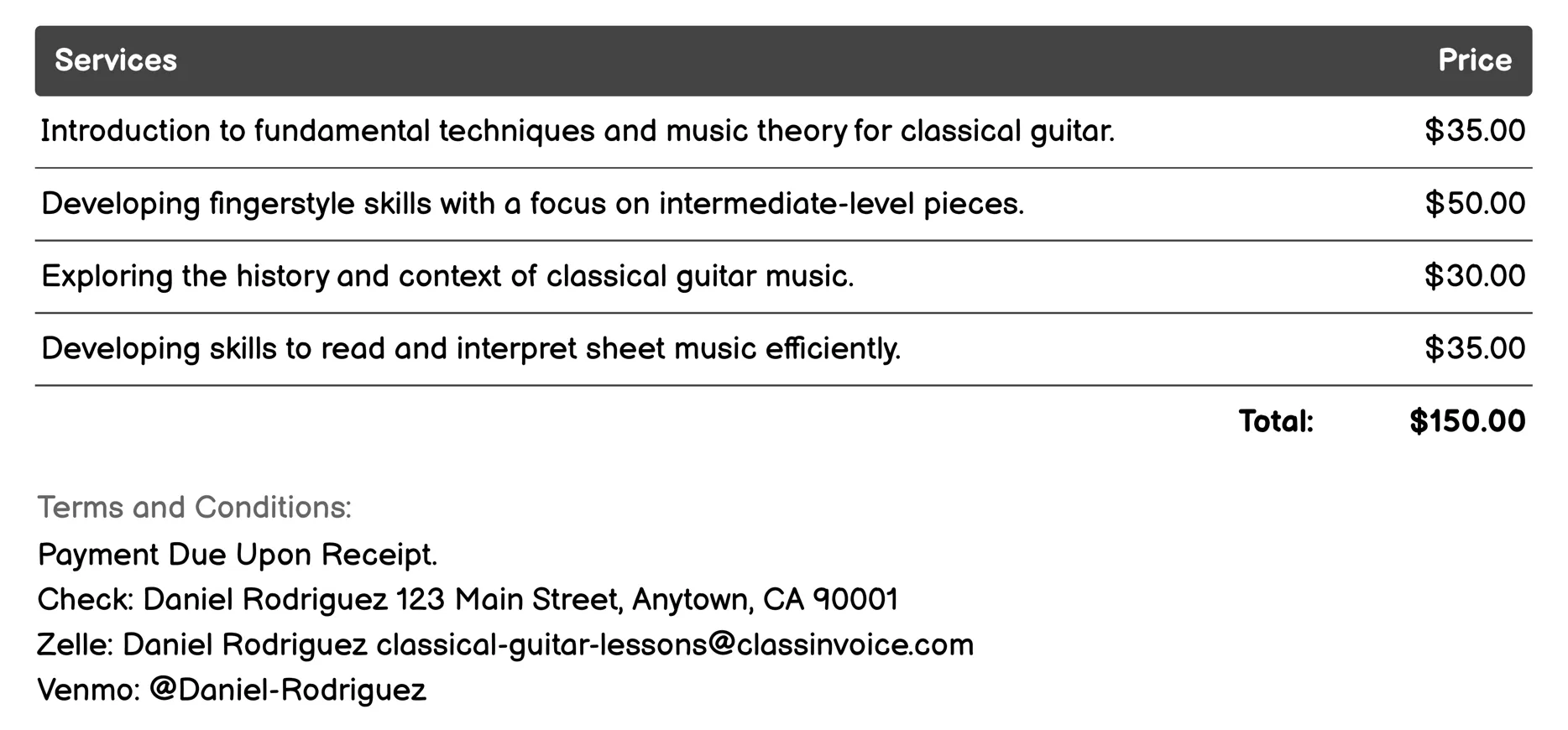 Evening Classes for Working Professionals Invoice Example
