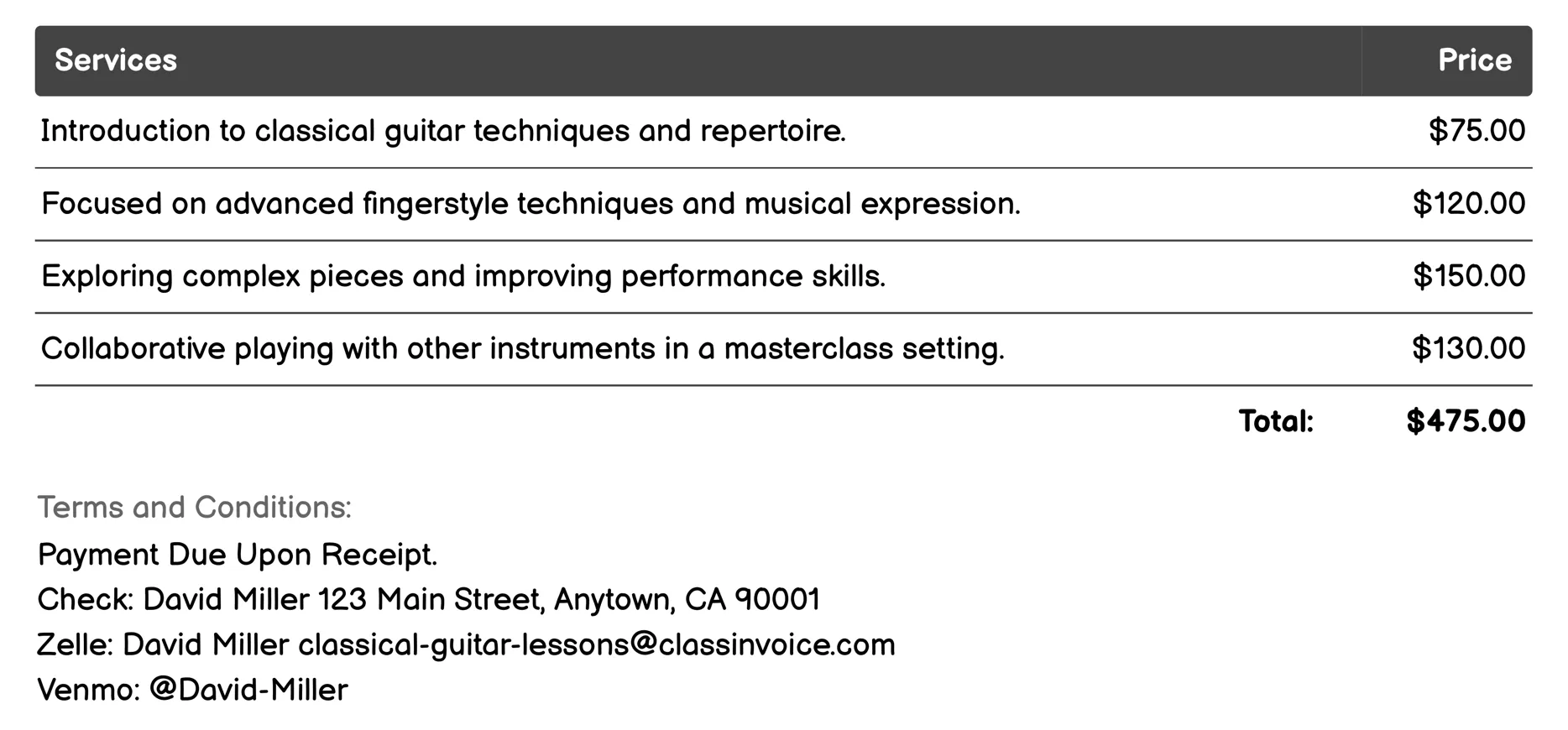 Masterclasses with Professional Musicians Invoice Example