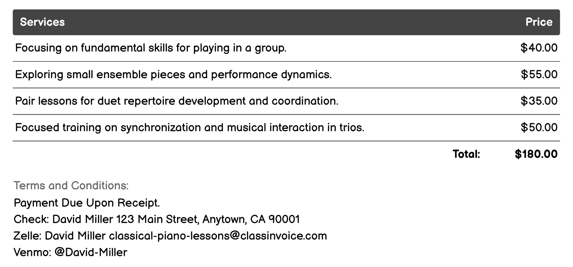Ensemble Playing Invoice Example