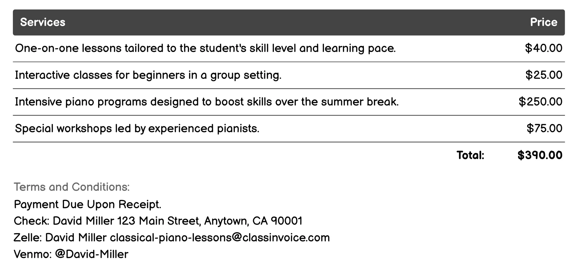 Preparatory Programs Invoice Example