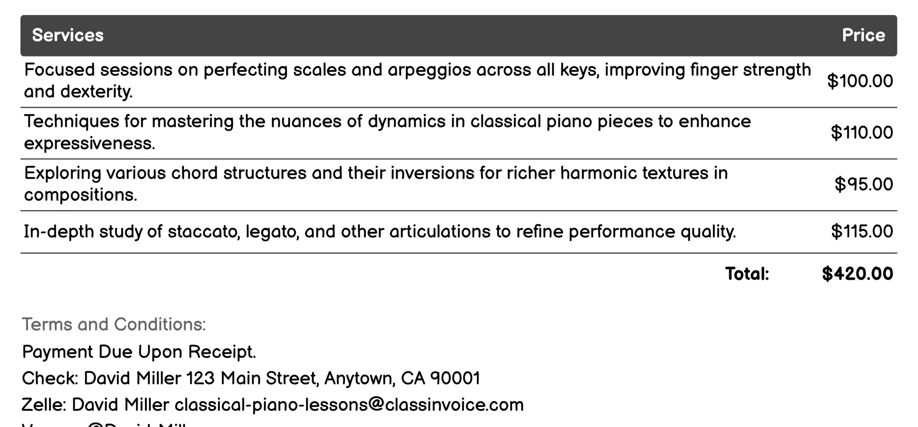 Specialized Technique Workshops Invoice Example