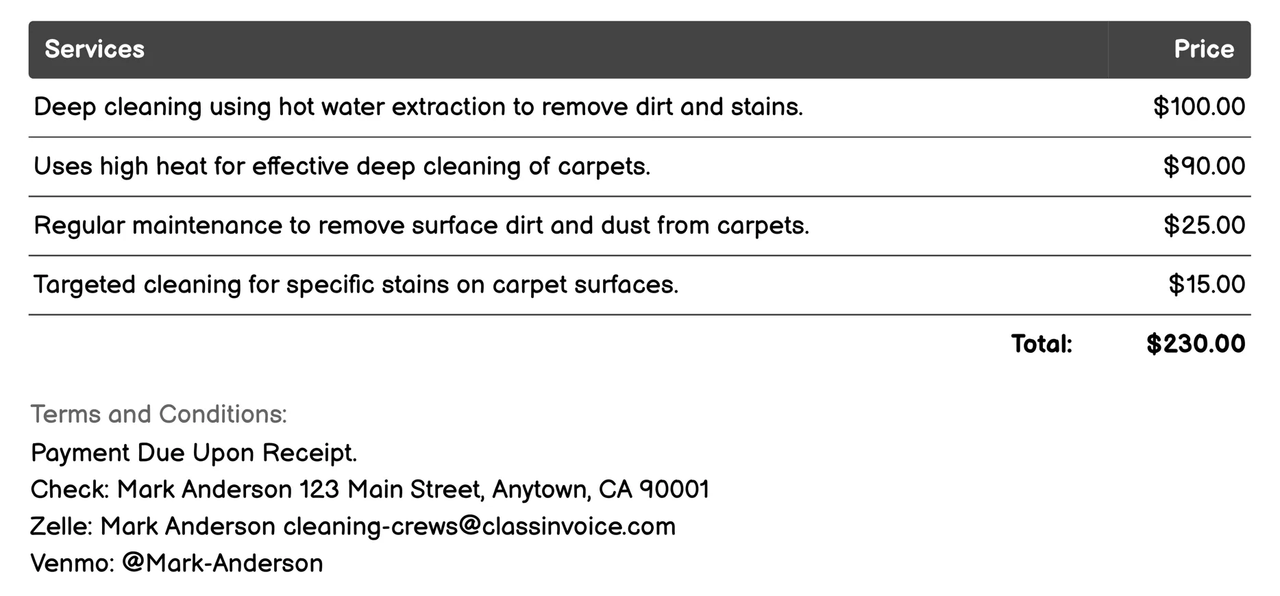 Carpet Cleaning Services Invoice Example