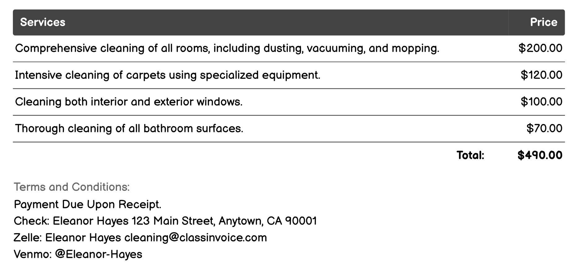 Housekeeping Invoice Example