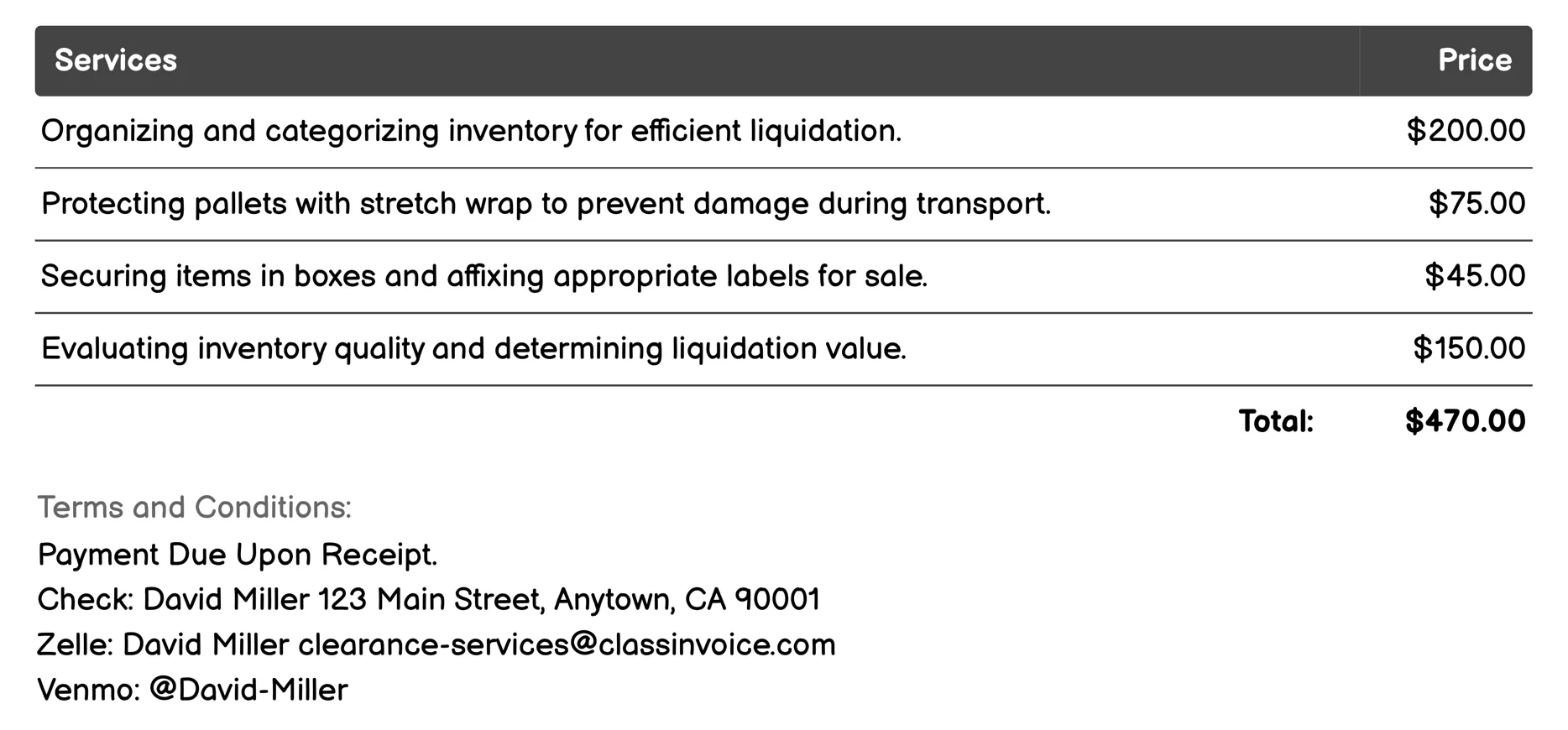 Liquidation Services Invoice Example