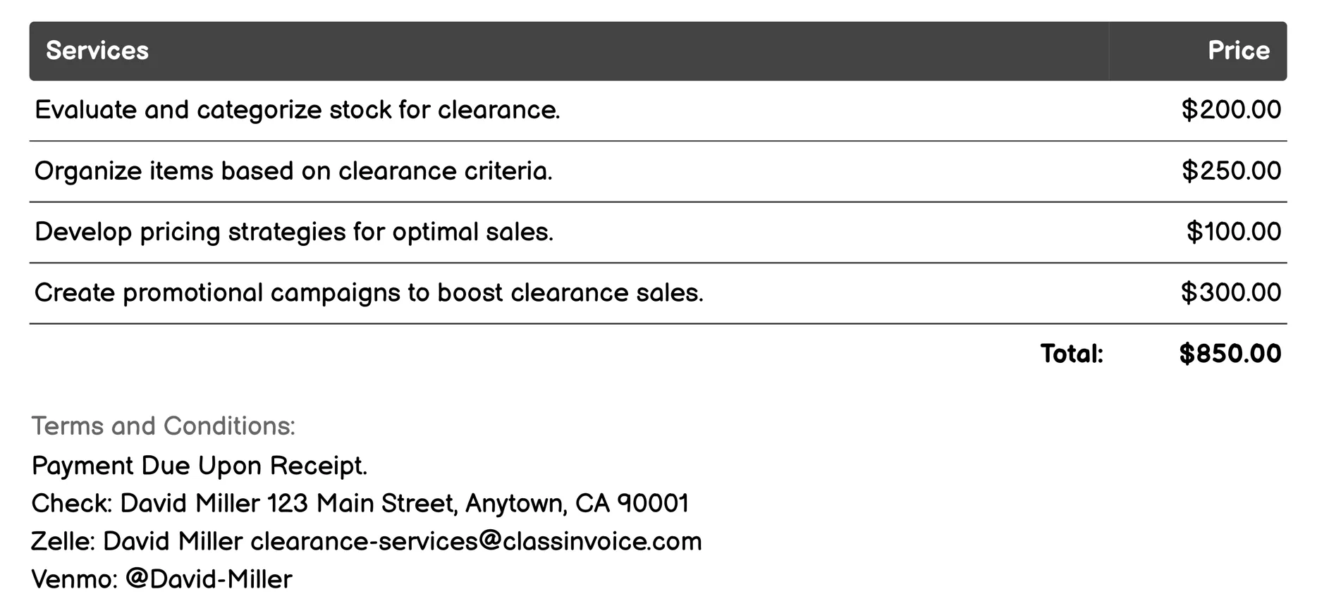 Stock Clearance Invoice Example