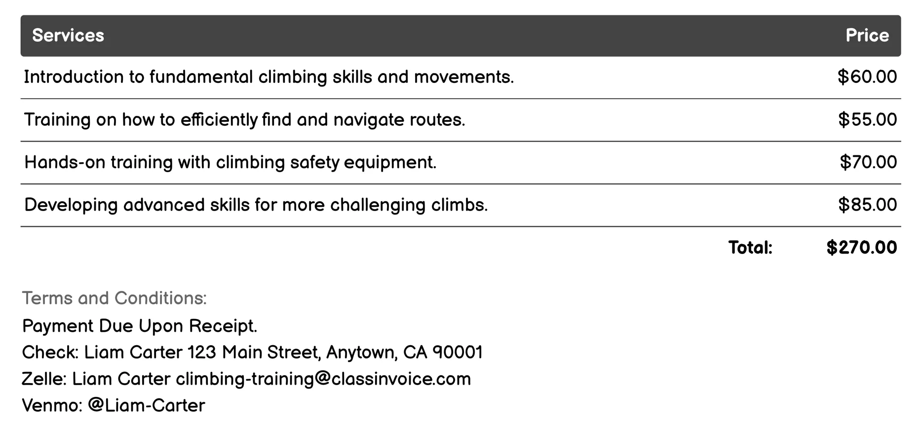 Climbing Safety Courses Invoice Example