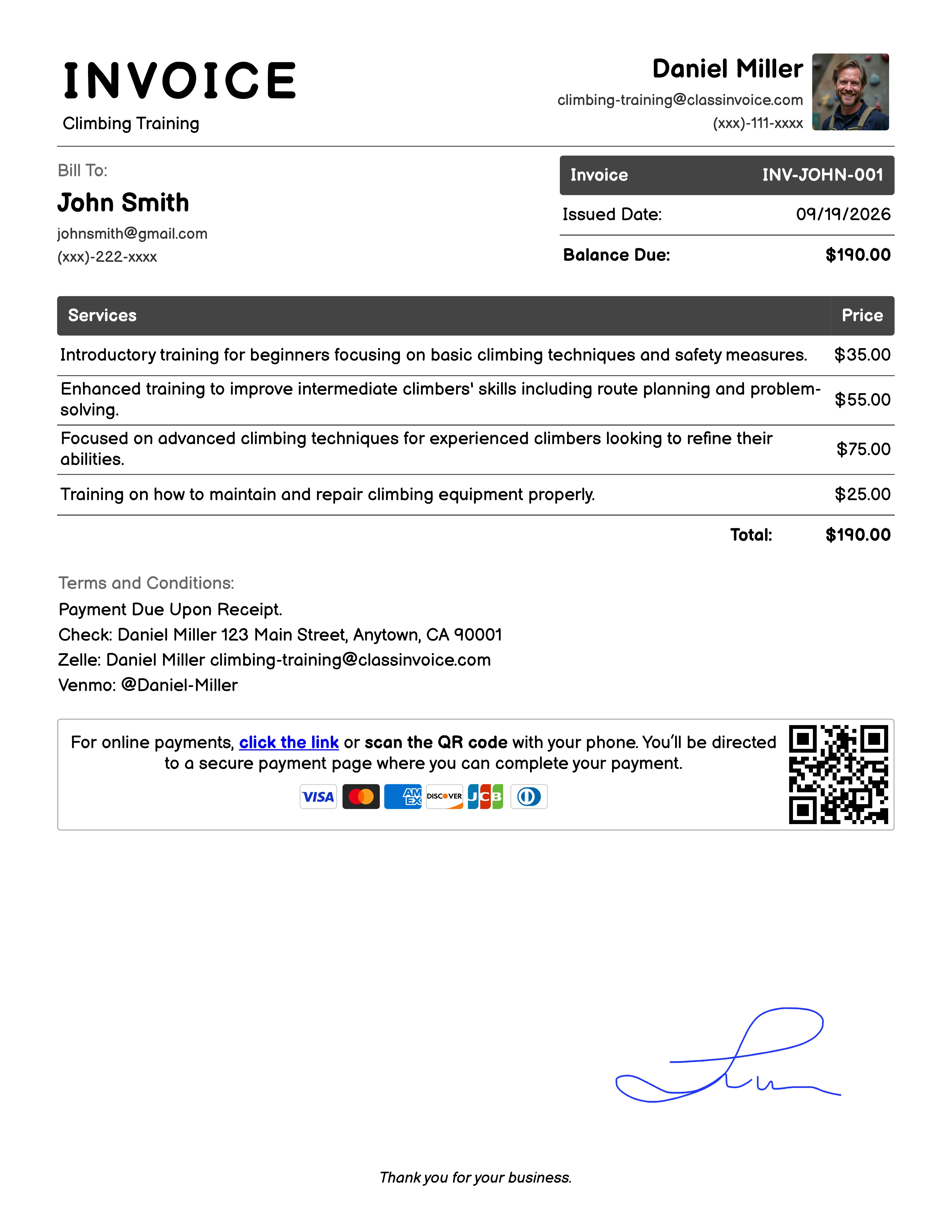 Climbing Training Invoice Example