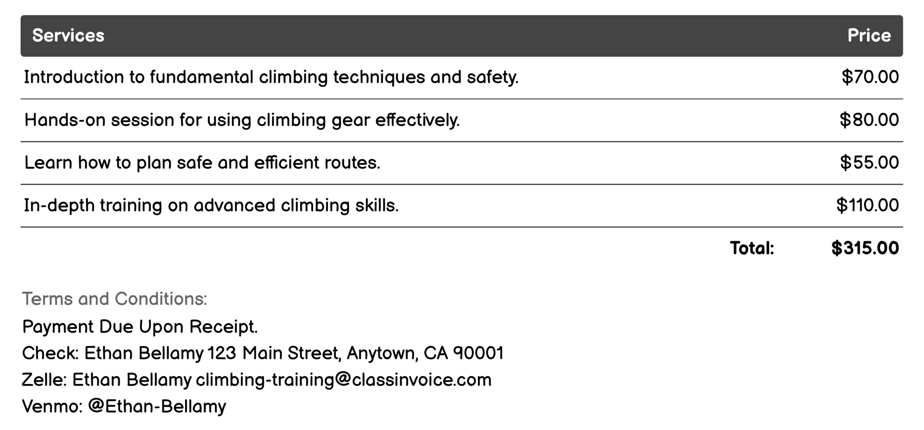 Outdoor Climbing Expeditions Invoice Example