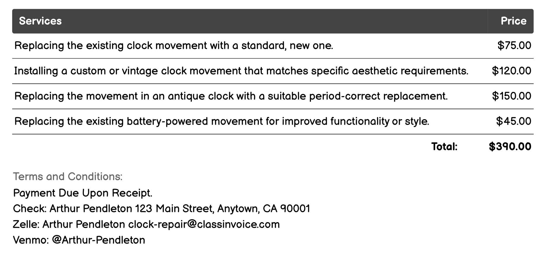 Clock Movement Replacement Invoice Example
