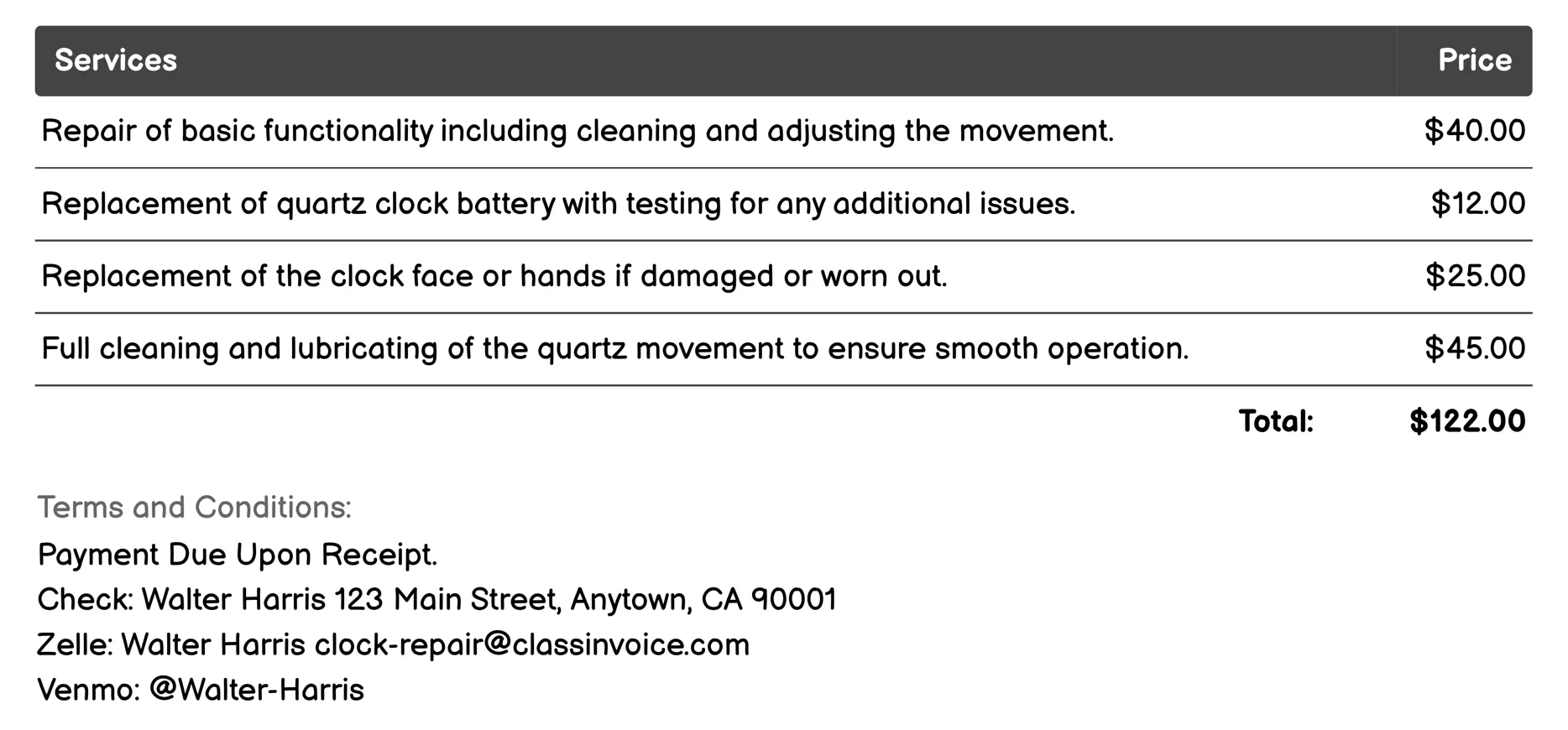 Quartz Clock Repair Invoice Example