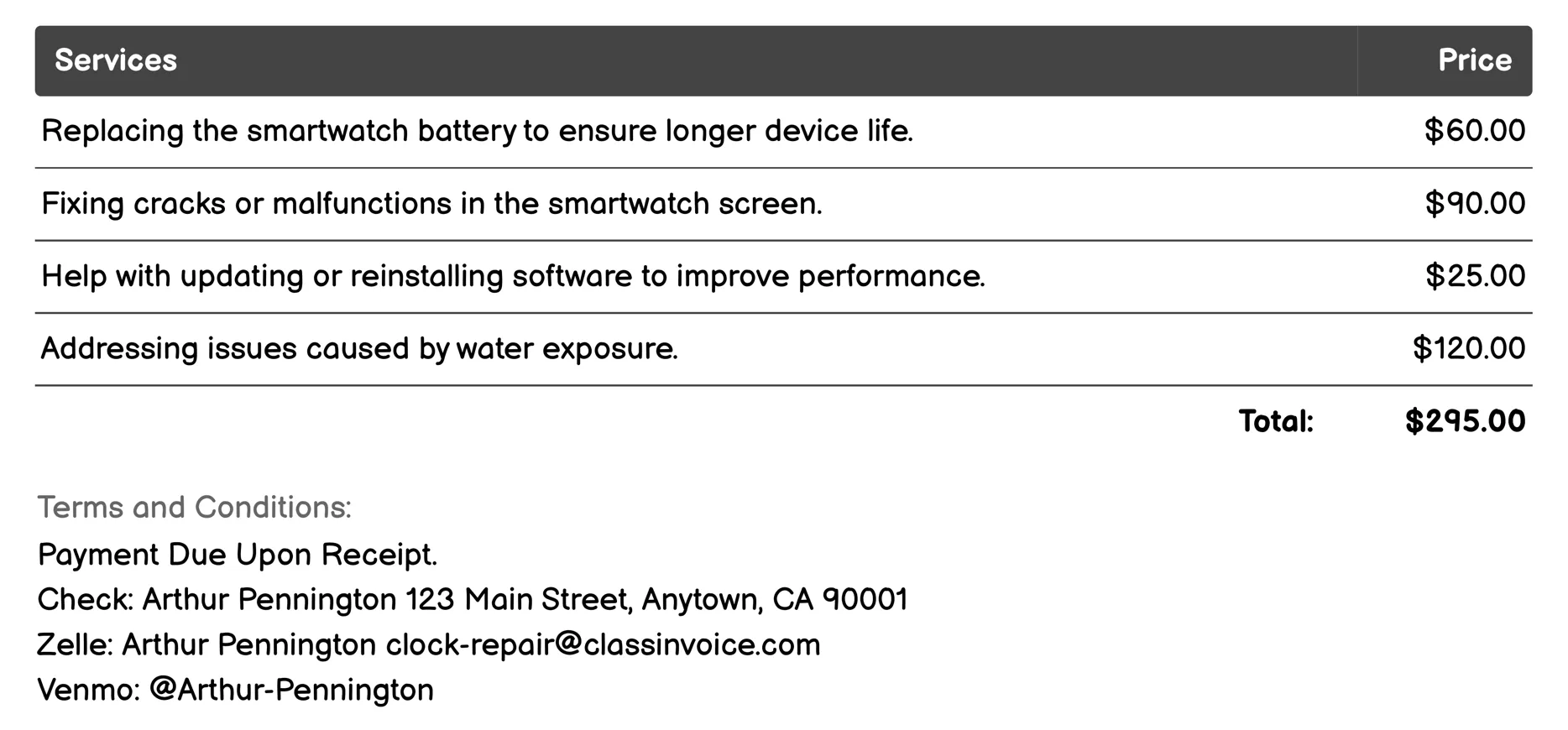 Smartwatch Troubleshooting Invoice Example