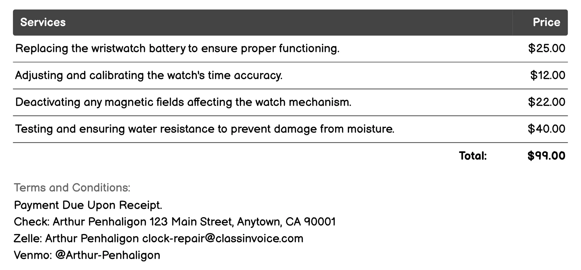 Wristwatch Calibration Invoice Example