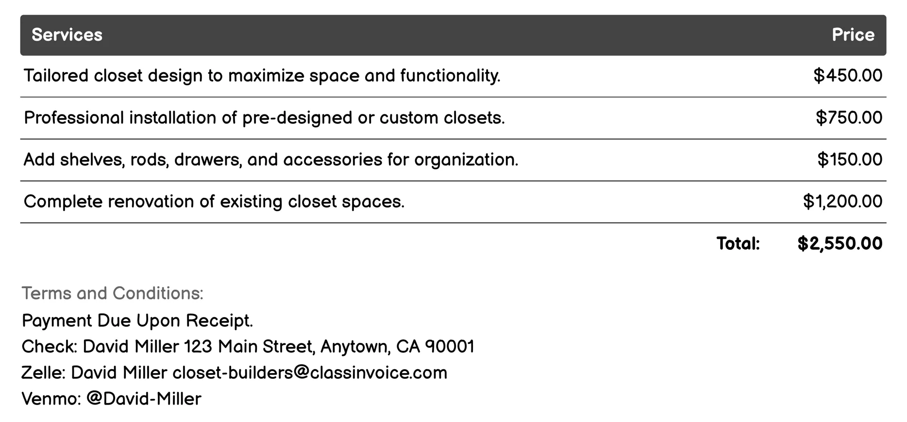 Reach-in Closet Solutions Invoice Example