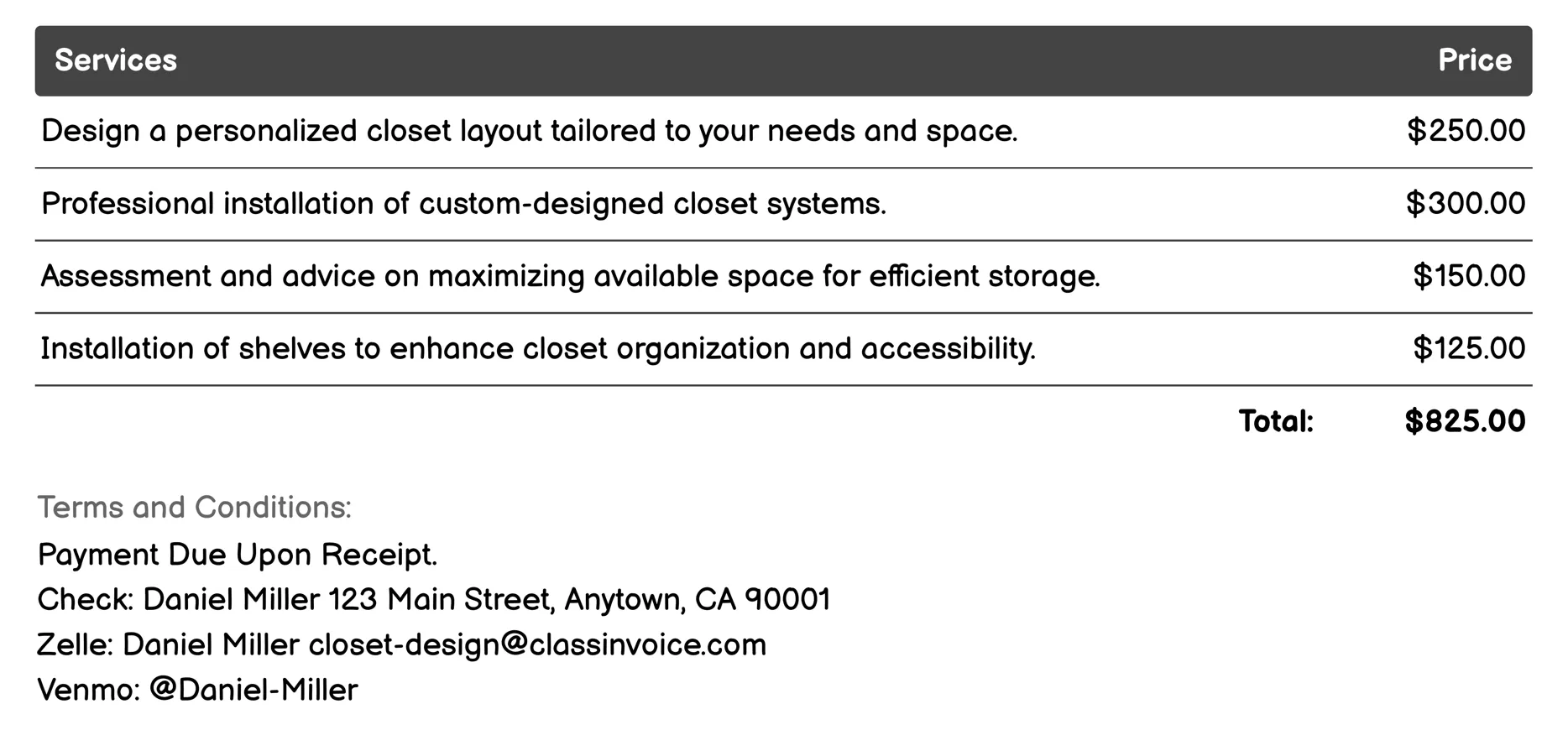 Closet Renovation Services Invoice Example