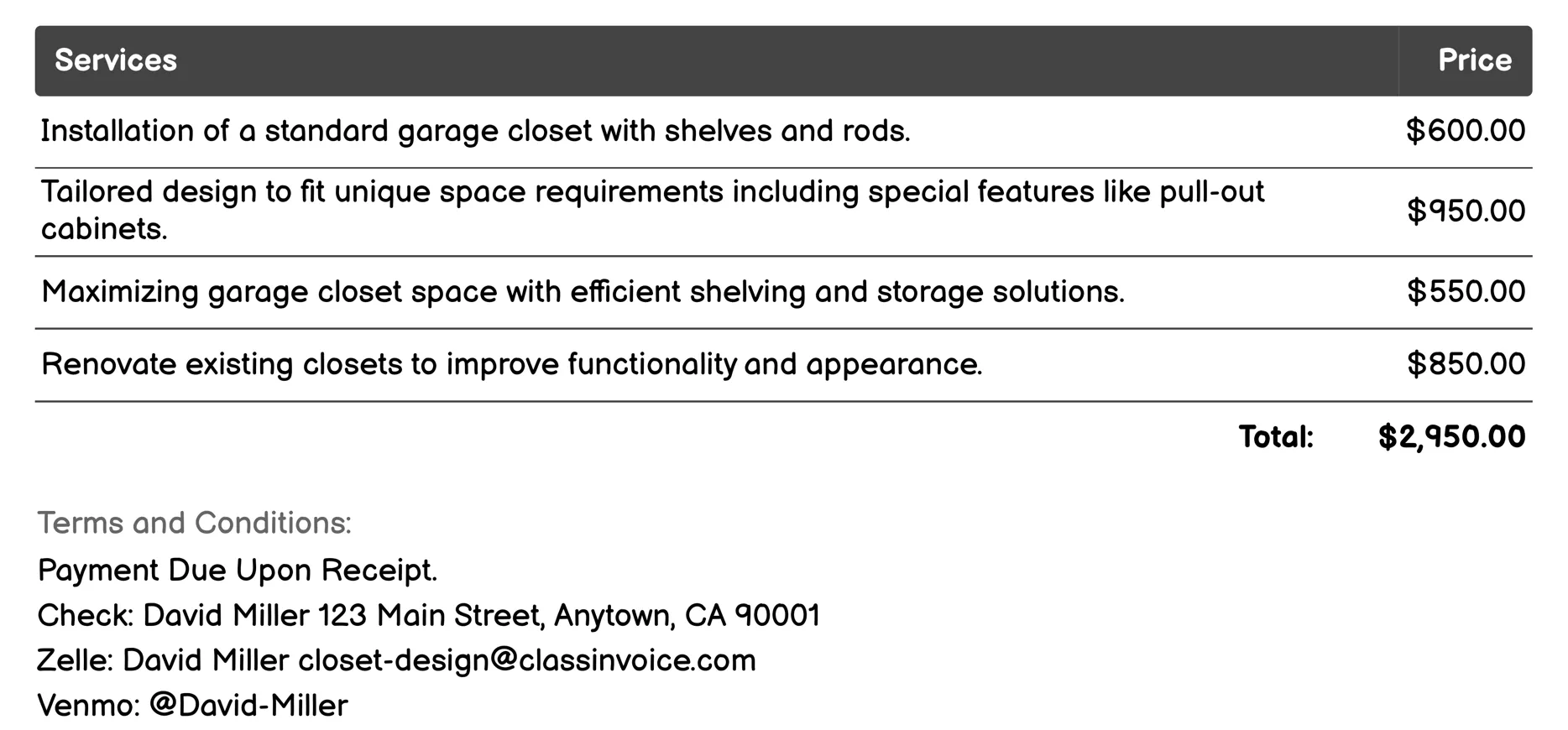 Garage Closet Solutions Invoice Example