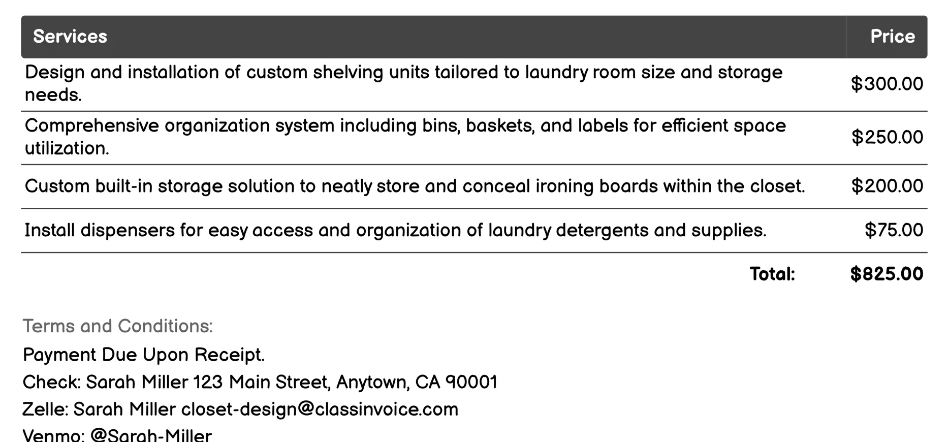 Laundry Room Closets Invoice Example