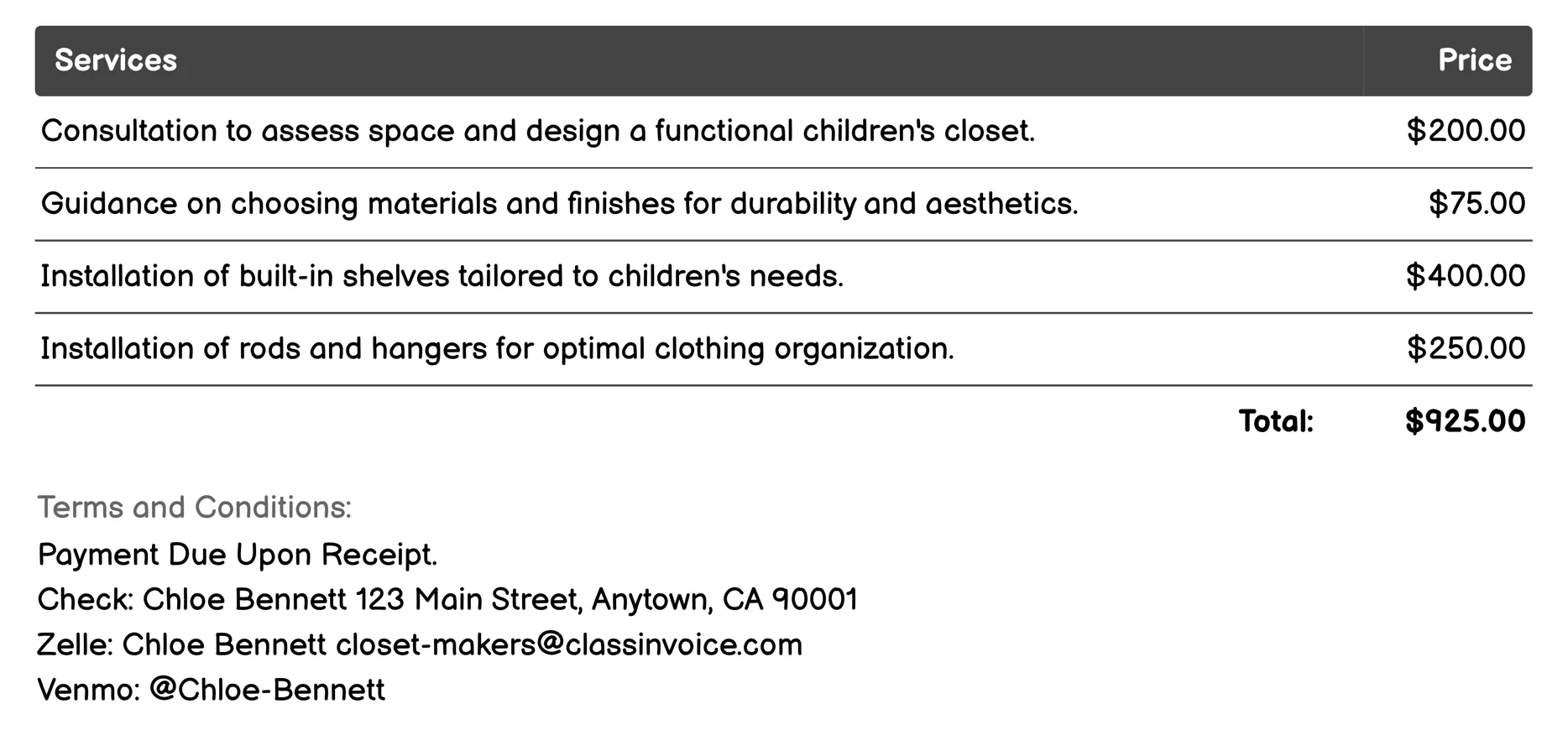 Children's Closet Design Invoice Example