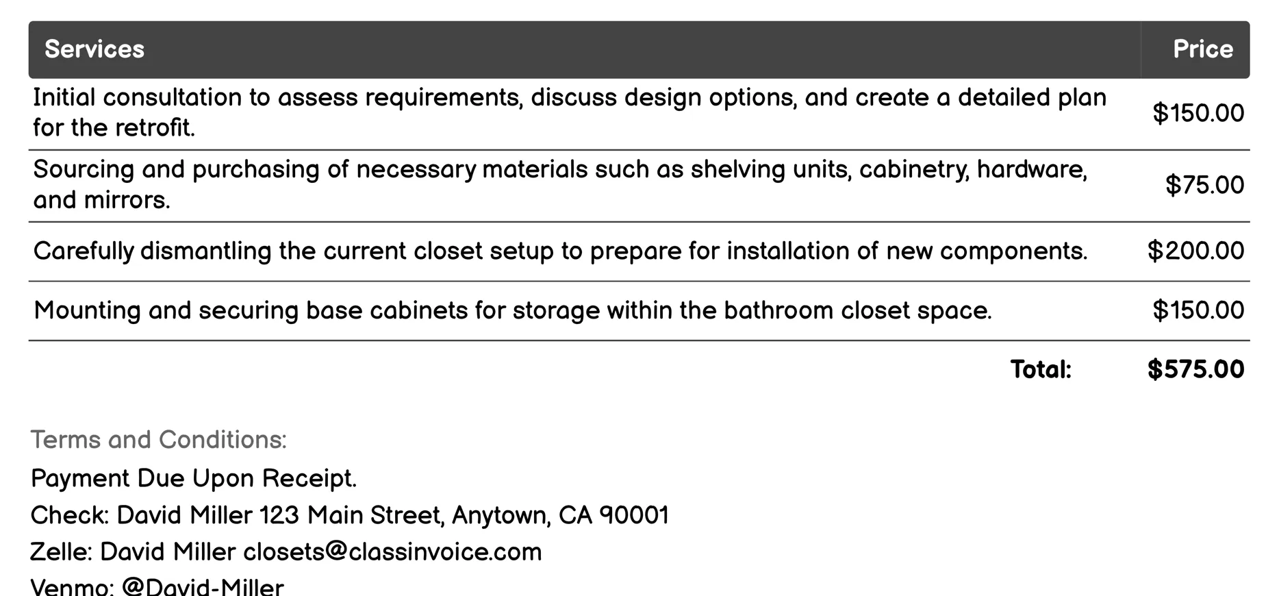 Bathroom Closet Retrofitting Invoice Example