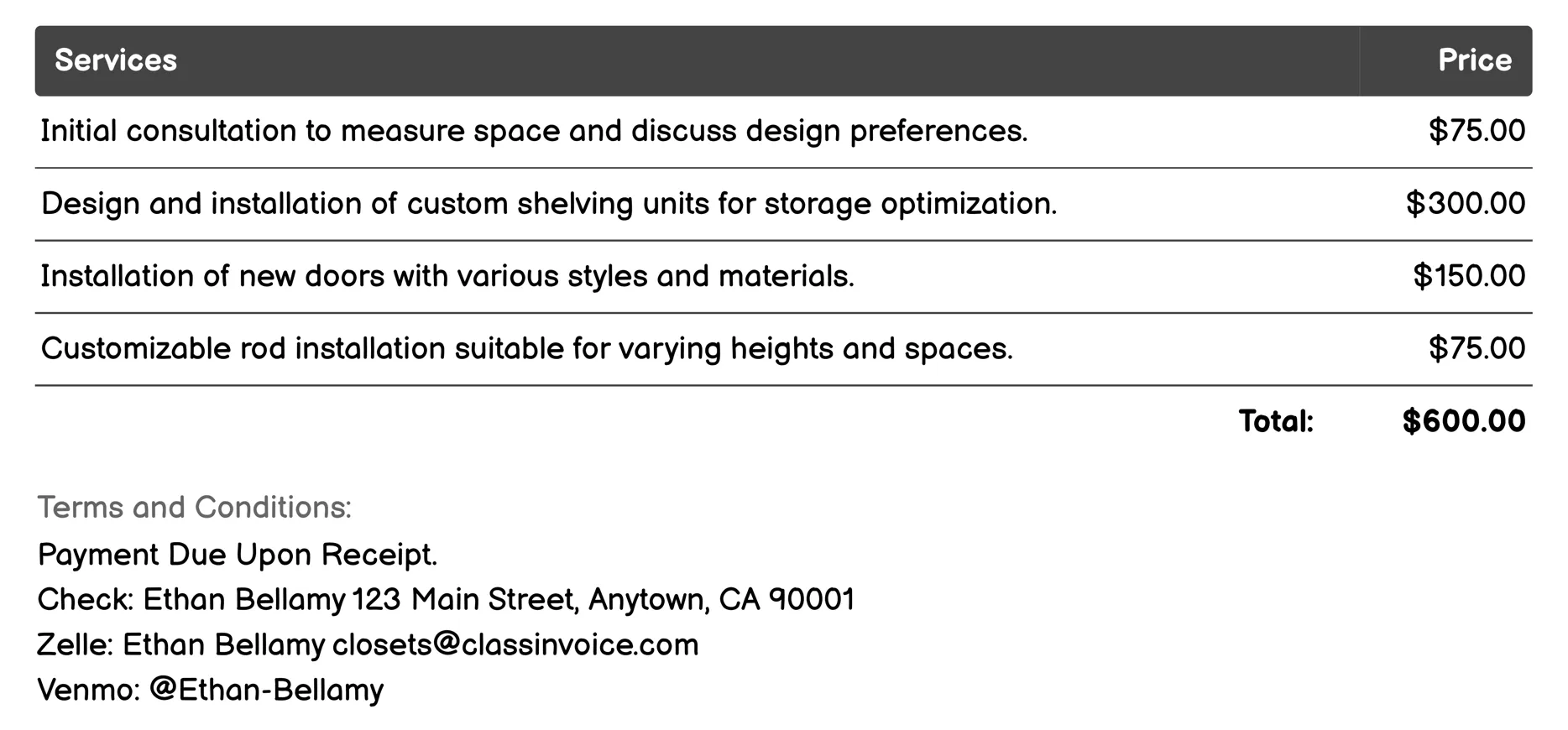 Dormitory Closet Customization Invoice Example