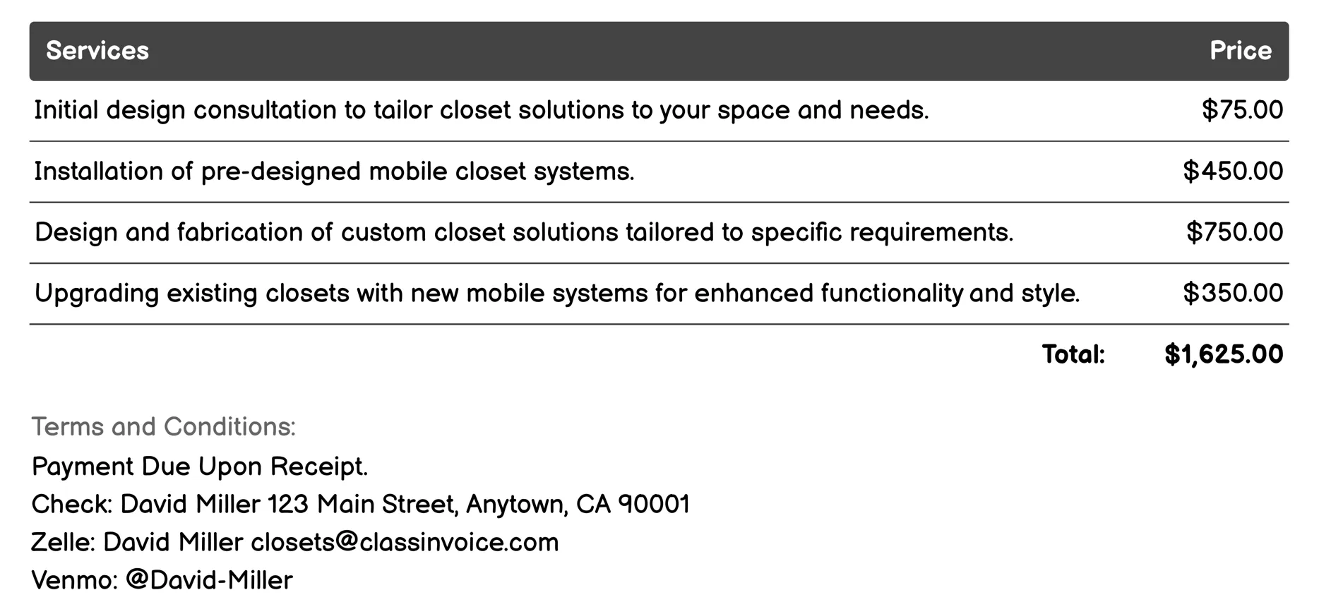 Mobile Closet Systems Invoice Example