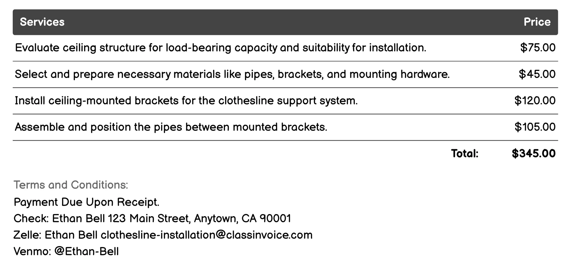 Ceiling-Mounted Indoor Clothesline Installation Invoice Example