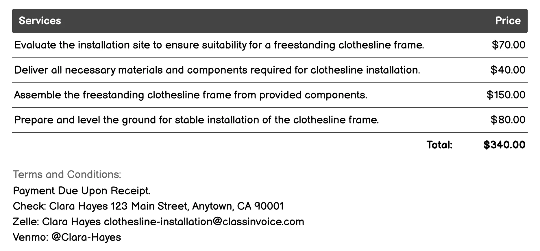 Freestanding Clothesline Frame Installation Invoice Example