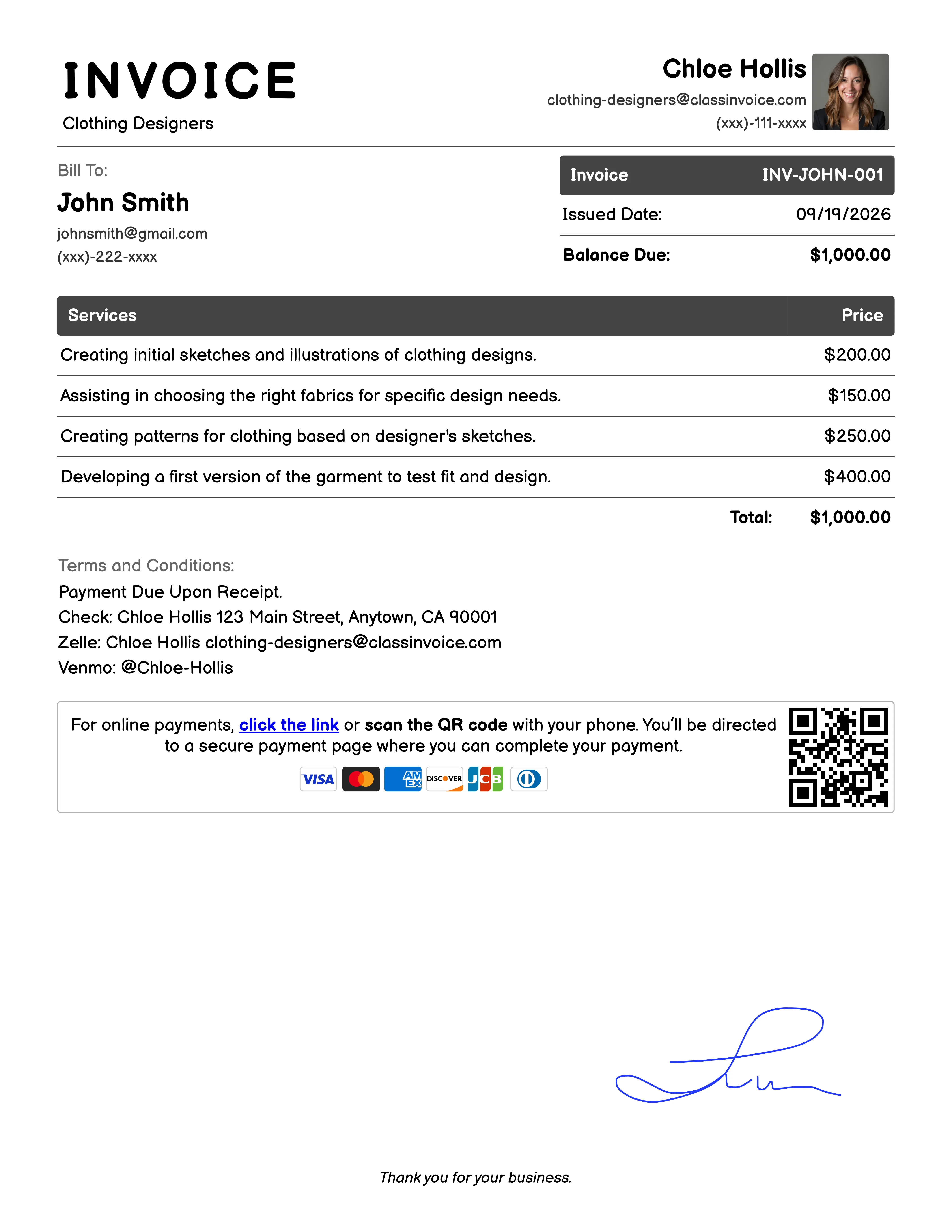 Clothing Designers Invoice Example