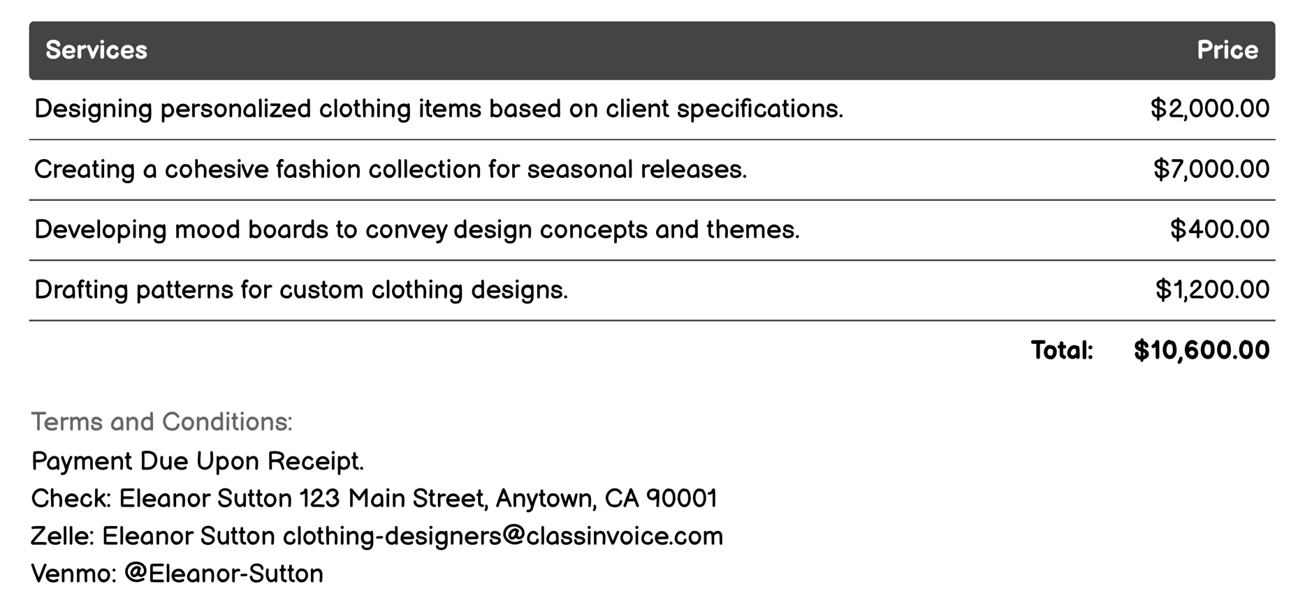 Fashion Designer Invoice Example