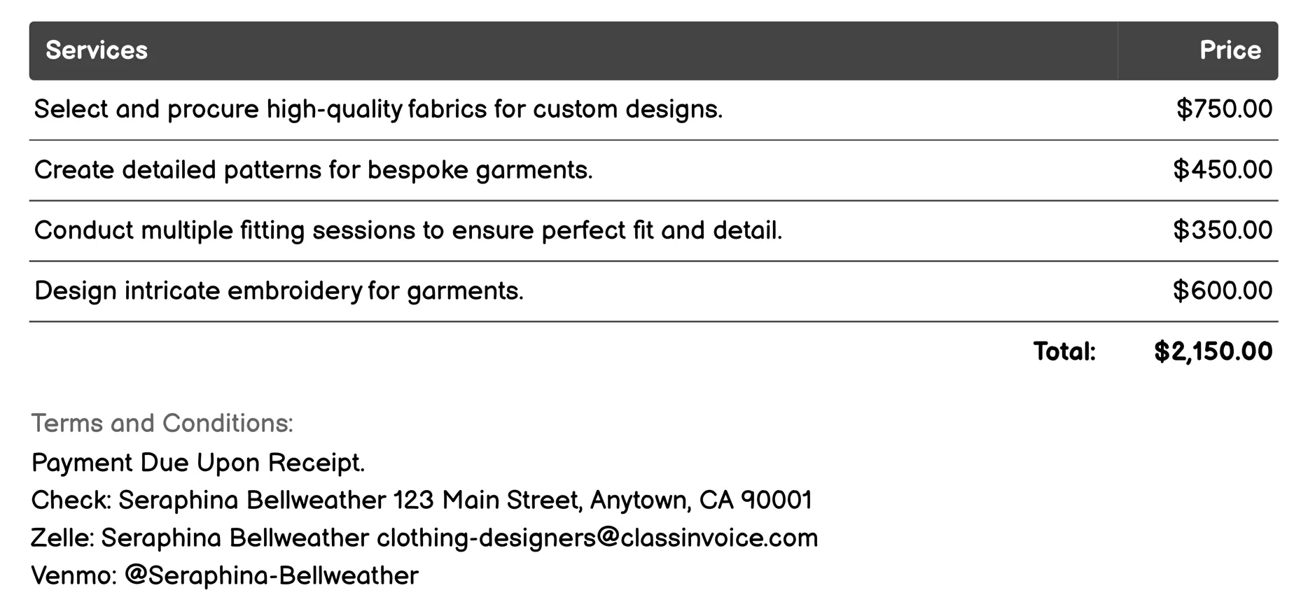 Haute Couture Designer Invoice Example