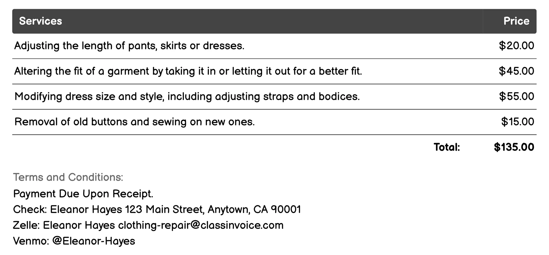 Tailoring Invoice Example