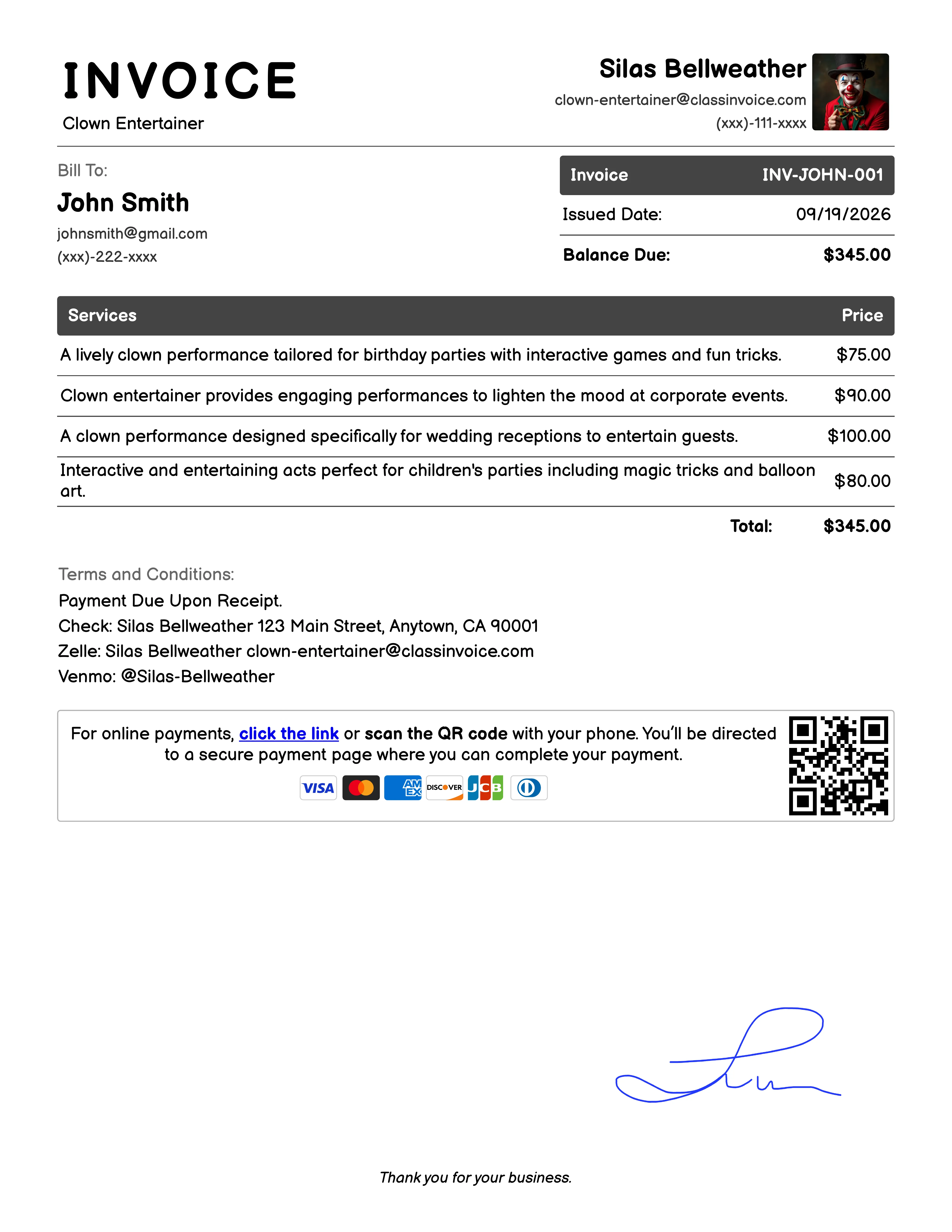 Clown Entertainer Invoice Example