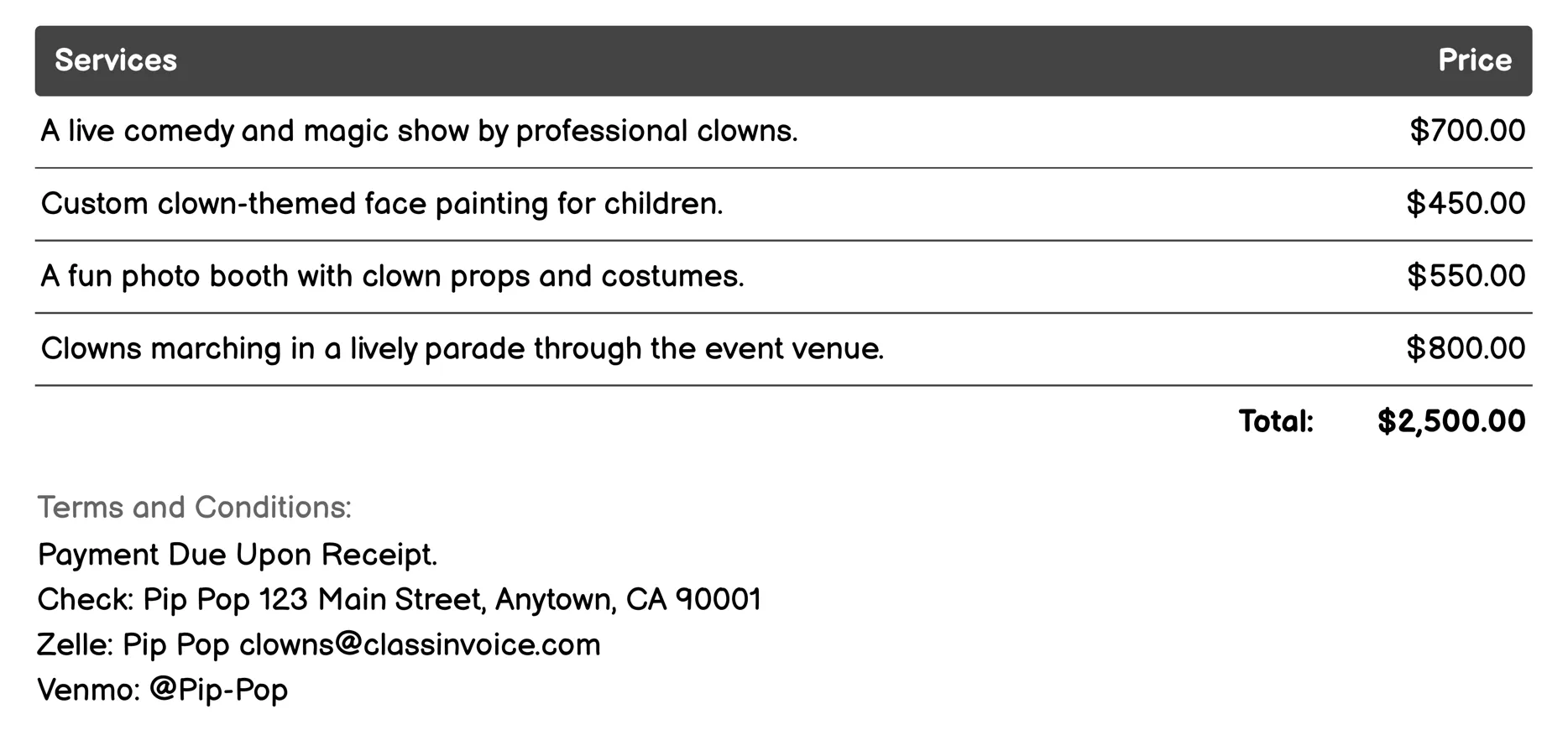 Charity Event Clowns Invoice Example