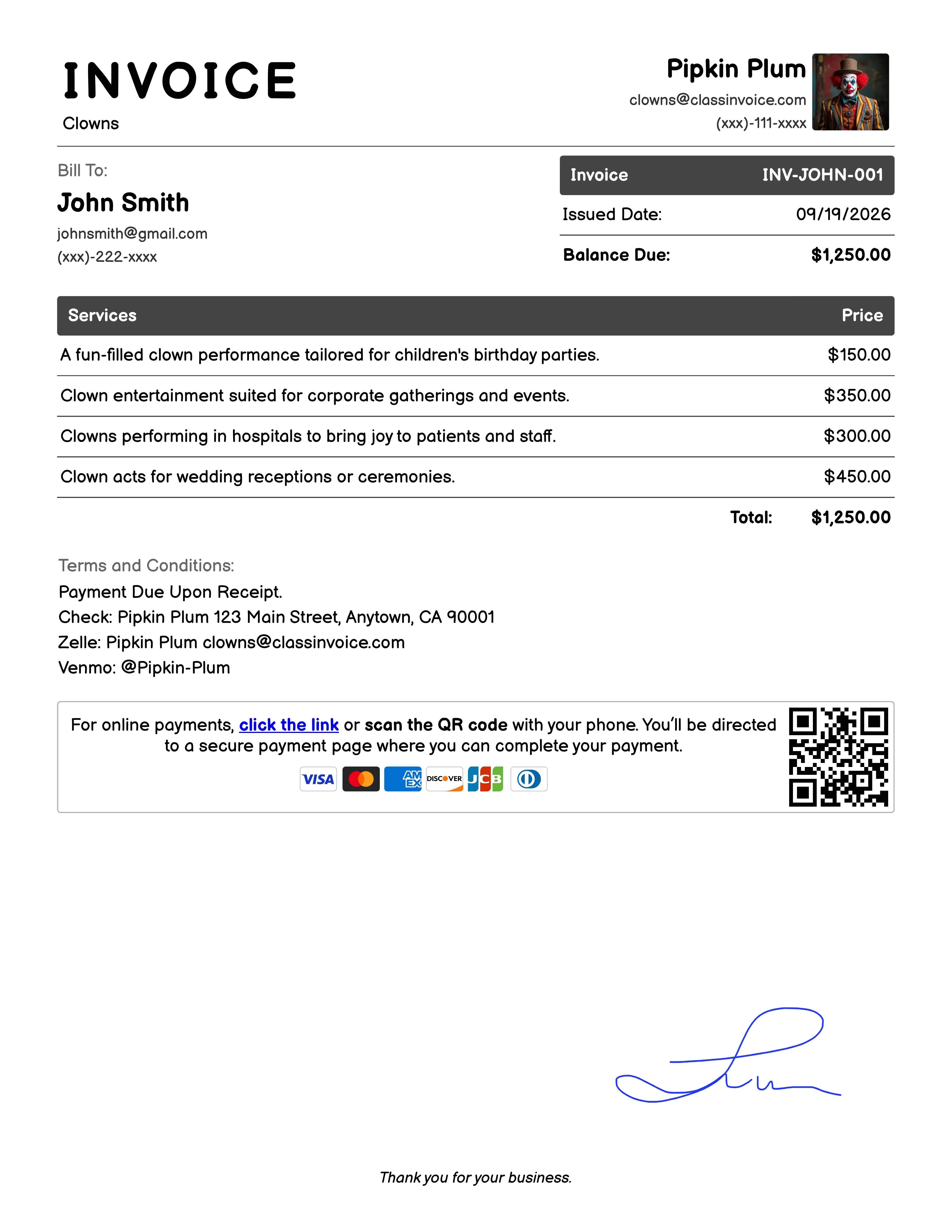 Clowns Invoice Example